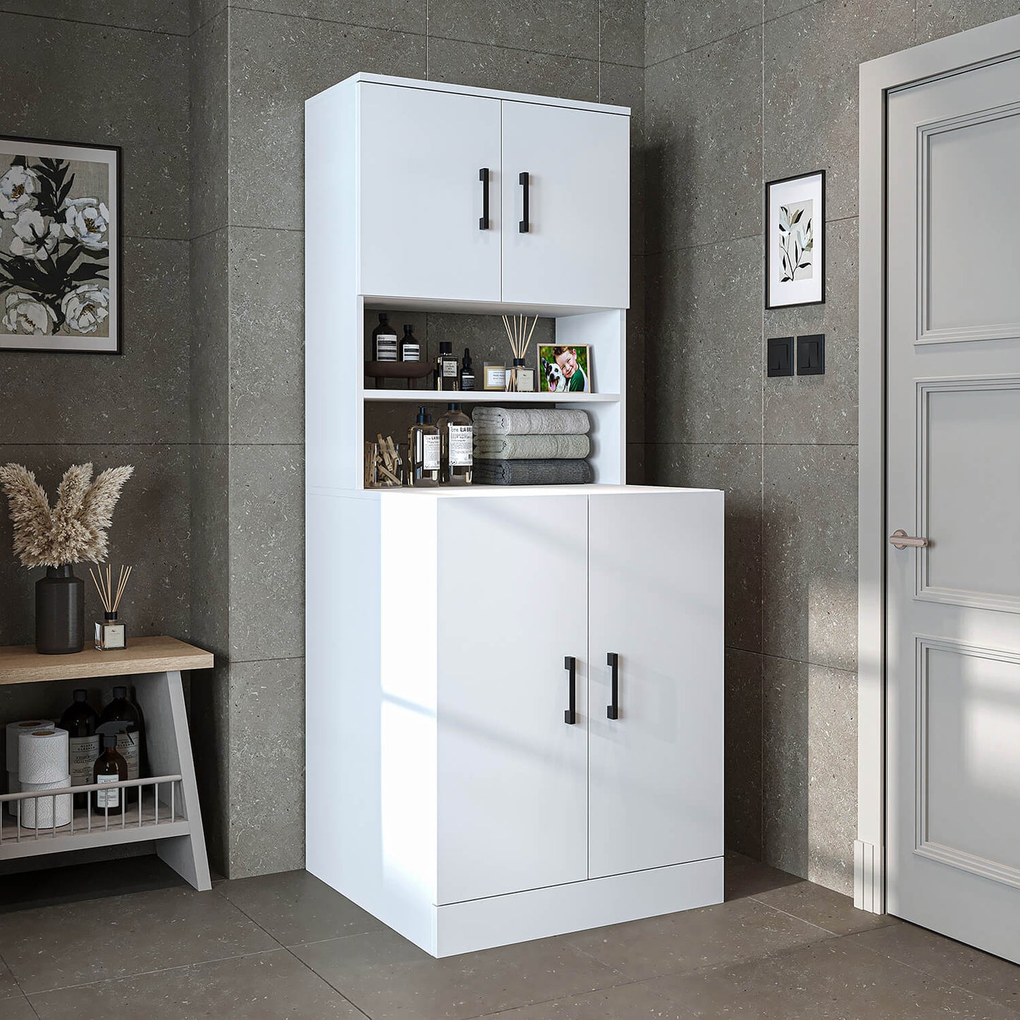 Roomart, mobile per lavatrice da bagno ATRIA, sovrastruttura per lavatrice, WDH: 70 x 180 x 69 cm, in rovere bianco, mobile per lavatrice in rovere antracite, scaffale per lavatrice, torre di lavaggio, mobile, bianco, lavatrici, mobile base, lavatrice, asciugatrice, casa