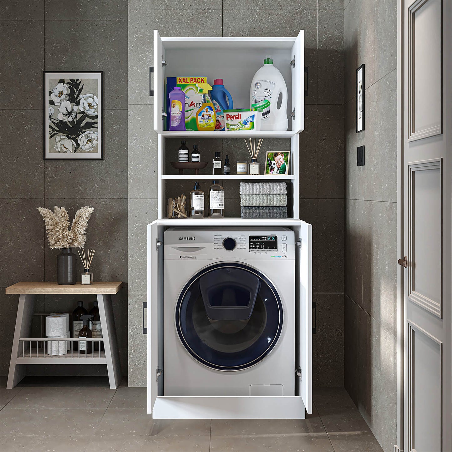Roomart, mobile per lavatrice da bagno ATRIA, sovrastruttura per lavatrice, WDH: 70 x 180 x 69 cm, in rovere bianco, mobile per lavatrice in rovere antracite, scaffale per lavatrice, torre di lavaggio, mobile, bianco, lavatrici, mobile base, lavatrice, asciugatrice, casa