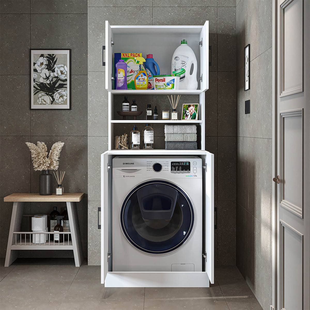 Roomart, meuble de salle de bain pour lave-linge ATRIA, superstructure pour lave-linge, L x H x P : 70 x 180 x 69 cm, en chêne blanc, meuble pour lave-linge en chêne anthracite, étagère pour lave-linge, tour de lavage, meuble, blanc, machines à laver, meuble bas, lave-linge, sèche-linge, maison