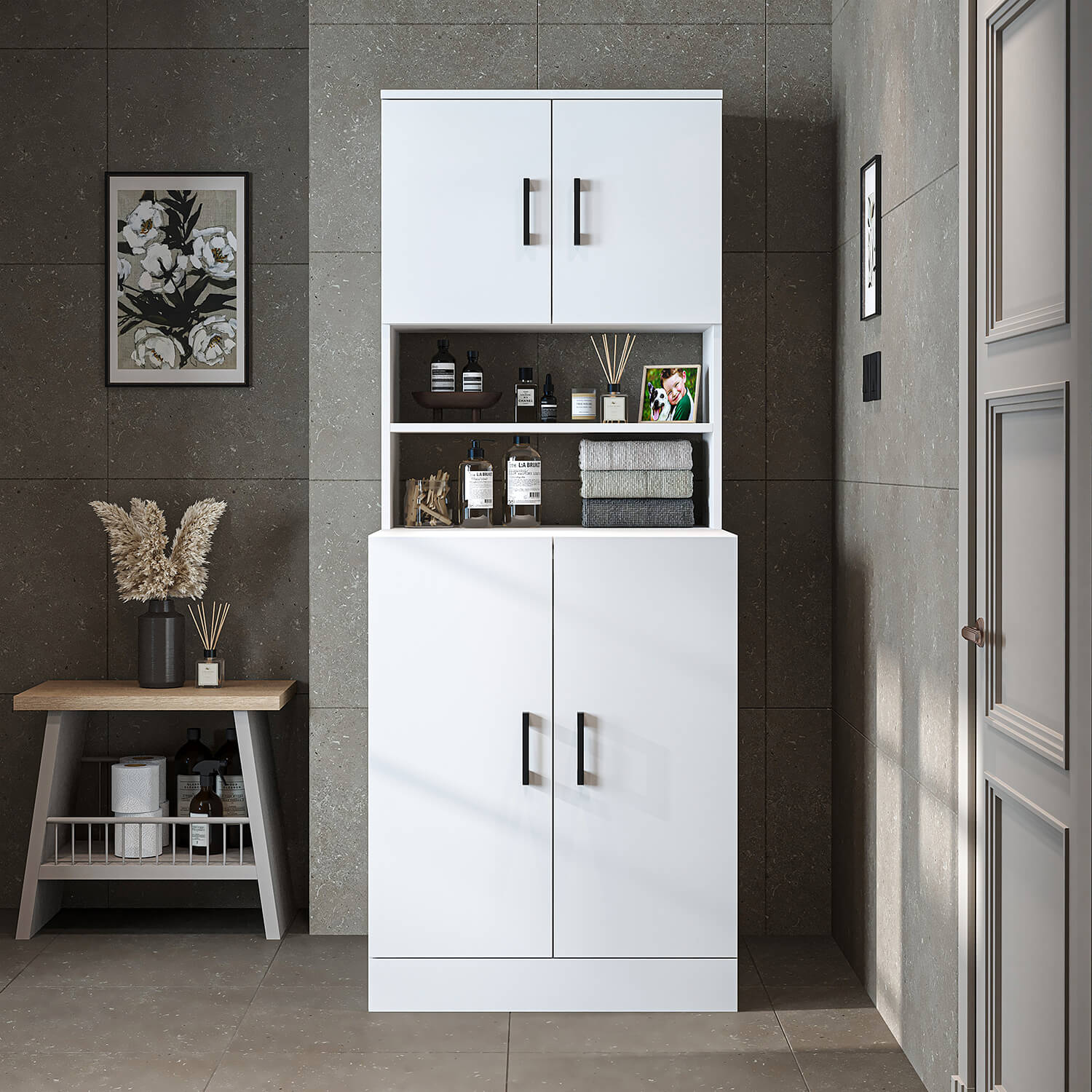 Roomart, Badezimmer Waschmaschinenschrank ATRIA, Waschmaschinenüberbau, BHT: 70 x 180 x 69 cm, in Weiß-Eiche, Anthrazit Eiche waschmaschinenschrank, waschmaschinenregal, waschturm, schrank, weiß, waschmaschinen, unterschrank, waschmaschine, trockner, haus