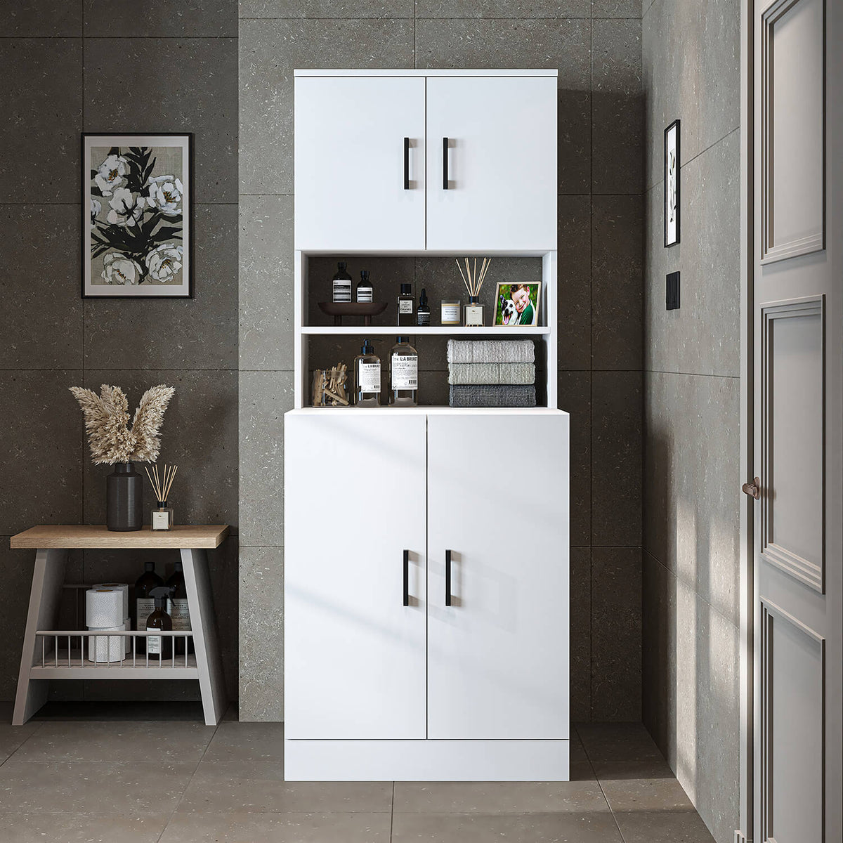 Roomart, meuble de salle de bain pour lave-linge ATRIA, superstructure pour lave-linge, L x H x P : 70 x 180 x 69 cm, en chêne blanc, meuble pour lave-linge en chêne anthracite, étagère pour lave-linge, tour de lavage, meuble, blanc, machines à laver, meuble bas, lave-linge, sèche-linge, maison