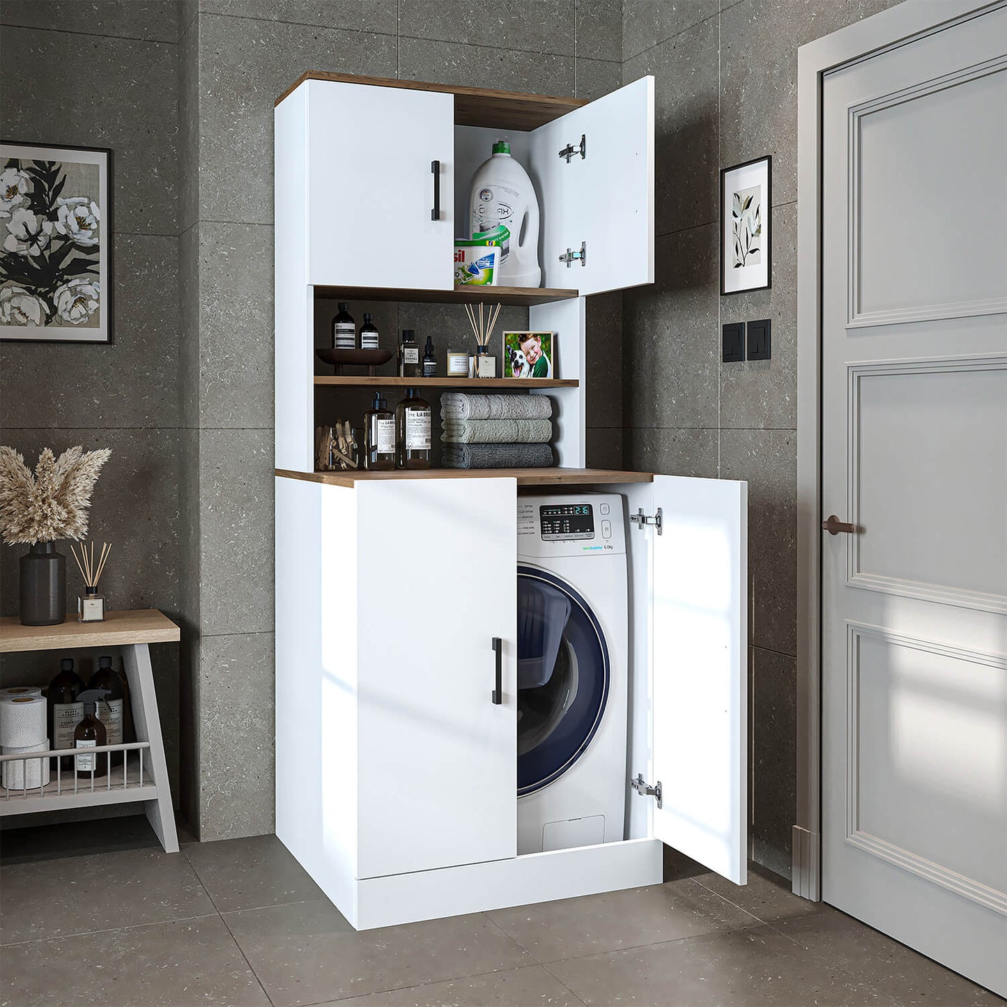 Roomart, mobile per lavatrice da bagno ATRIA, sovrastruttura per lavatrice, WDH: 70 x 180 x 69 cm, in rovere bianco, mobile per lavatrice in rovere antracite, scaffale per lavatrice, torre di lavaggio, mobile, bianco, lavatrici, mobile base, lavatrice, asciugatrice, casa