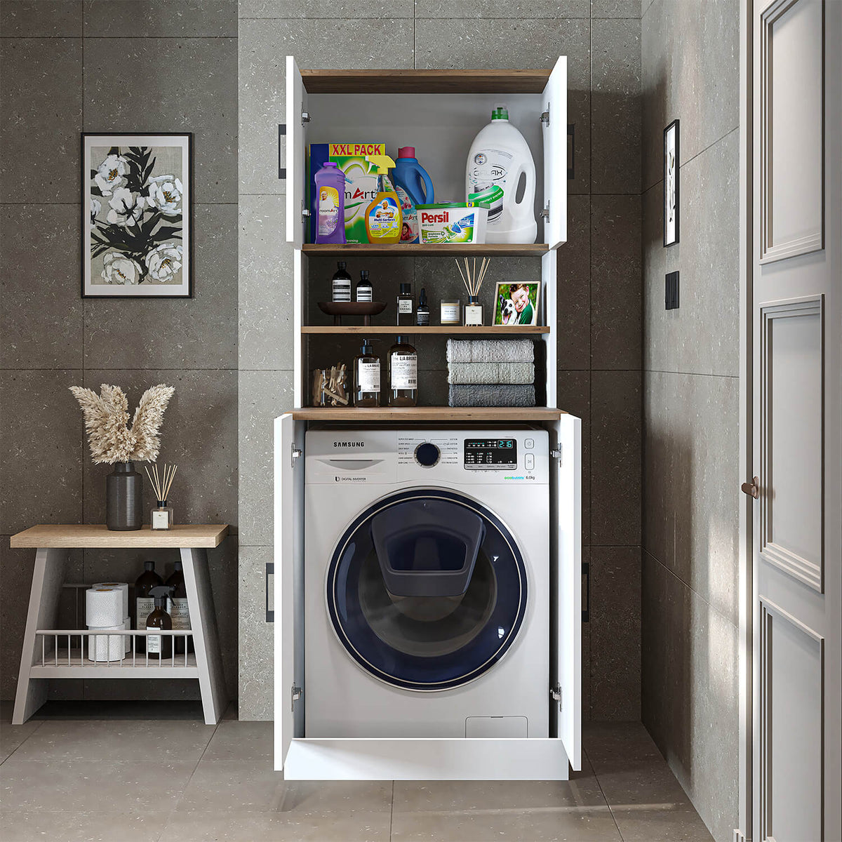 Roomart, meuble de salle de bain pour lave-linge ATRIA, superstructure pour lave-linge, L x H x P : 70 x 180 x 69 cm, en chêne blanc, meuble pour lave-linge en chêne anthracite, étagère pour lave-linge, tour de lavage, meuble, blanc, machines à laver, meuble bas, lave-linge, sèche-linge, maison
