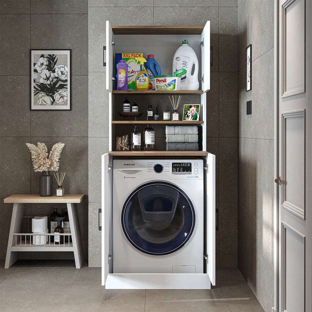 Roomart, bathroom washing machine cabinet ATRIA, washing machine superstructure, WDH: 70 x 180 x 69 cm, in white oak, anthracite oak washing machine cabinet, washing machine shelf, washing tower, cabinet, white, washing machines, base cabinet, washing machine, dryer, house