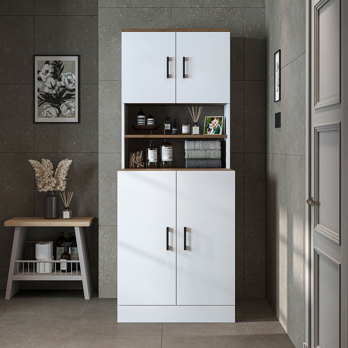 Roomart, meuble de salle de bain pour lave-linge ATRIA, superstructure pour lave-linge, L x H x P : 70 x 180 x 69 cm, en chêne blanc, meuble pour lave-linge en chêne anthracite, étagère pour lave-linge, tour de lavage, meuble, blanc, machines à laver, meuble bas, lave-linge, sèche-linge, maison