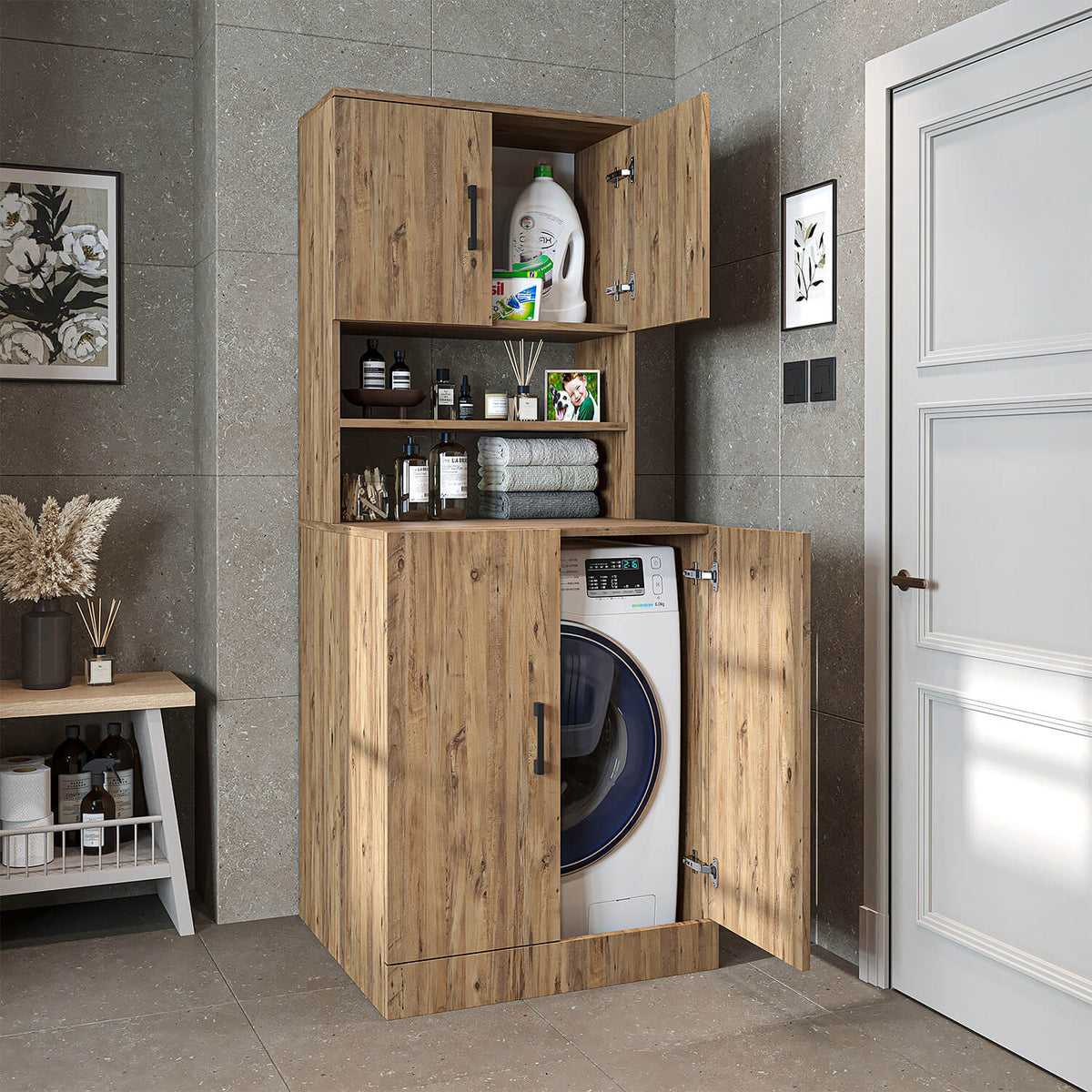 Roomart, meuble de salle de bain pour lave-linge ATRIA, superstructure pour lave-linge, L x H x P : 70 x 180 x 69 cm, en chêne blanc, meuble pour lave-linge en chêne anthracite, étagère pour lave-linge, tour de lavage, meuble, blanc, machines à laver, meuble bas, lave-linge, sèche-linge, maison