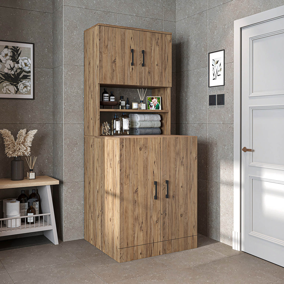 Roomart, meuble de salle de bain pour lave-linge ATRIA, superstructure pour lave-linge, L x H x P : 70 x 180 x 69 cm, en chêne blanc, meuble pour lave-linge en chêne anthracite, étagère pour lave-linge, tour de lavage, meuble, blanc, machines à laver, meuble bas, lave-linge, sèche-linge, maison