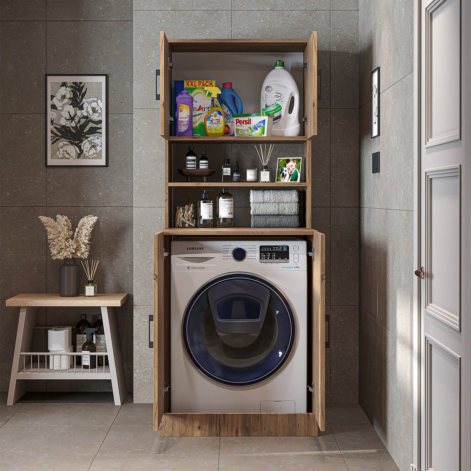 Roomart, Badezimmer Waschmaschinenschrank ATRIA, Waschmaschinenüberbau, BHT: 70 x 180 x 69 cm, in Weiß-Eiche, Anthrazit Eiche waschmaschinenschrank, waschmaschinenregal, waschturm, schrank, weiß, waschmaschinen, unterschrank, waschmaschine, trockner, haus