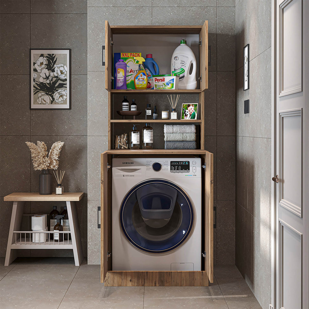 Roomart, meuble de salle de bain pour lave-linge ATRIA, superstructure pour lave-linge, L x H x P : 70 x 180 x 69 cm, en chêne blanc, meuble pour lave-linge en chêne anthracite, étagère pour lave-linge, tour de lavage, meuble, blanc, machines à laver, meuble bas, lave-linge, sèche-linge, maison