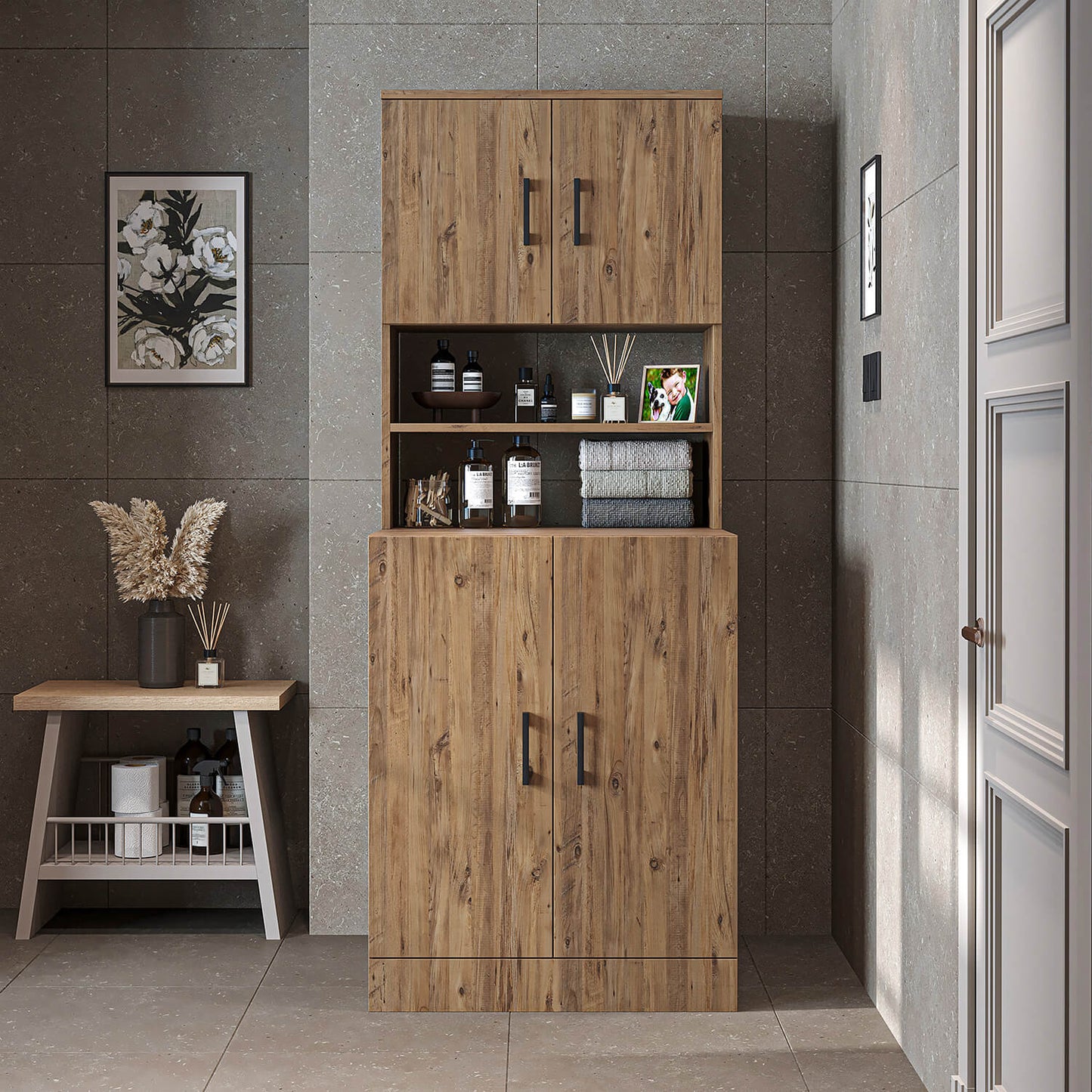 Roomart, mobile per lavatrice da bagno ATRIA, sovrastruttura per lavatrice, WDH: 70 x 180 x 69 cm, in rovere bianco, mobile per lavatrice in rovere antracite, scaffale per lavatrice, torre di lavaggio, mobile, bianco, lavatrici, mobile base, lavatrice, asciugatrice, casa