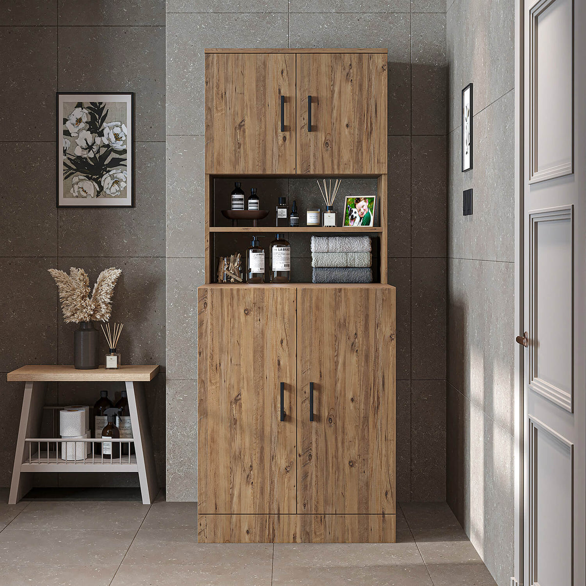 Roomart, meuble de salle de bain pour lave-linge ATRIA, superstructure pour lave-linge, L x H x P : 70 x 180 x 69 cm, en chêne blanc, meuble pour lave-linge en chêne anthracite, étagère pour lave-linge, tour de lavage, meuble, blanc, machines à laver, meuble bas, lave-linge, sèche-linge, maison