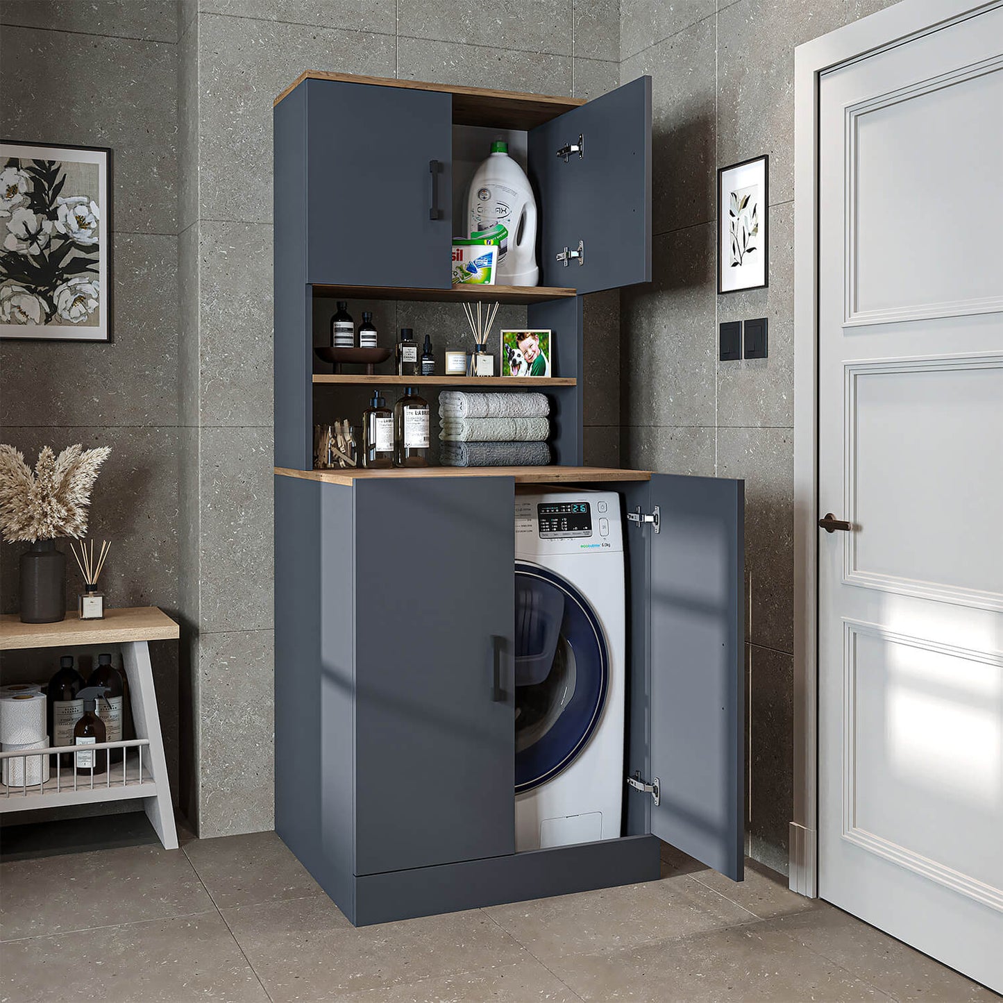 Roomart, mobile per lavatrice da bagno ATRIA, sovrastruttura per lavatrice, WDH: 70 x 180 x 69 cm, in rovere bianco, mobile per lavatrice in rovere antracite, scaffale per lavatrice, torre di lavaggio, mobile, bianco, lavatrici, mobile base, lavatrice, asciugatrice, casa