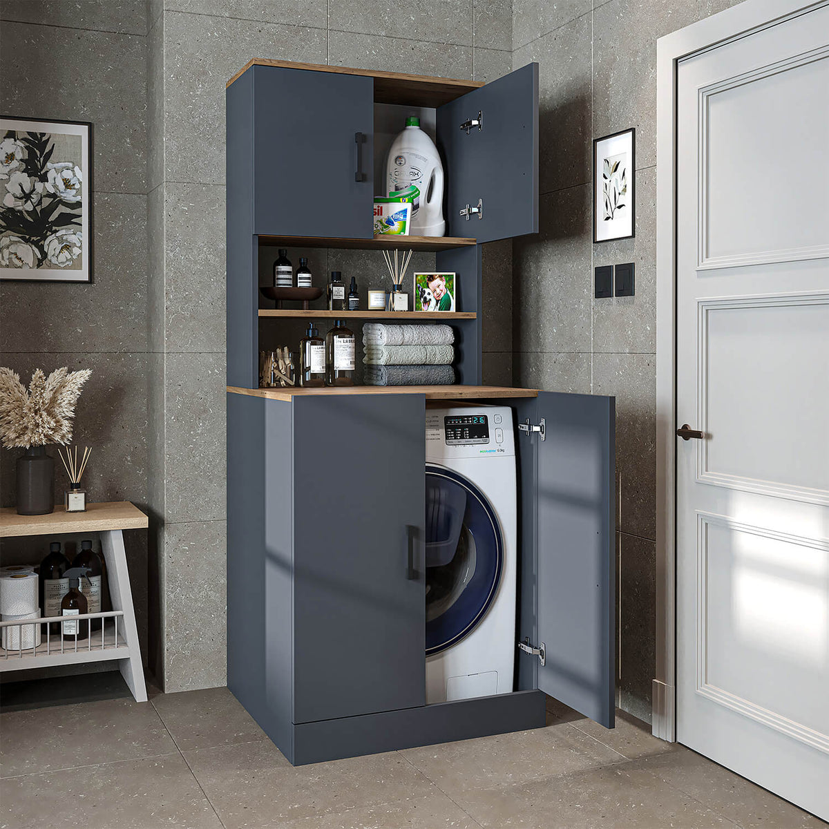 Roomart, meuble de salle de bain pour lave-linge ATRIA, superstructure pour lave-linge, L x H x P : 70 x 180 x 69 cm, en chêne blanc, meuble pour lave-linge en chêne anthracite, étagère pour lave-linge, tour de lavage, meuble, blanc, machines à laver, meuble bas, lave-linge, sèche-linge, maison