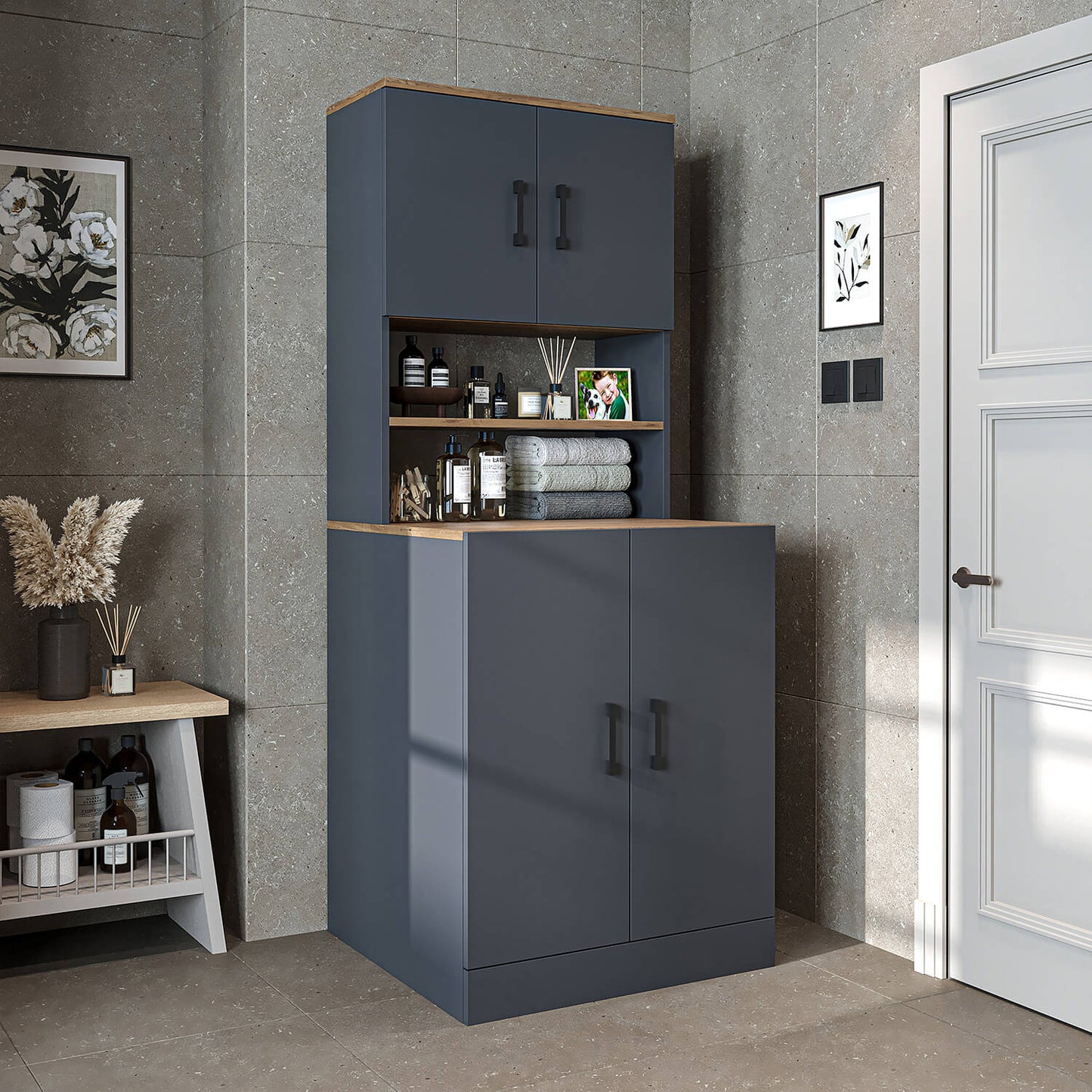 Roomart, mobile per lavatrice da bagno ATRIA, sovrastruttura per lavatrice, WDH: 70 x 180 x 69 cm, in rovere bianco, mobile per lavatrice in rovere antracite, scaffale per lavatrice, torre di lavaggio, mobile, bianco, lavatrici, mobile base, lavatrice, asciugatrice, casa