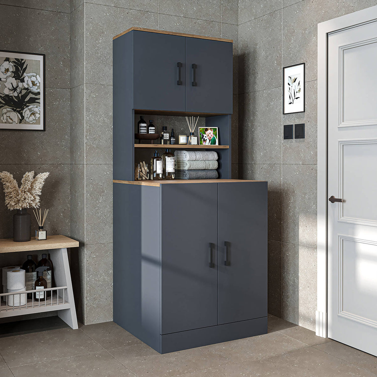 Roomart, meuble de salle de bain pour lave-linge ATRIA, superstructure pour lave-linge, L x H x P : 70 x 180 x 69 cm, en chêne blanc, meuble pour lave-linge en chêne anthracite, étagère pour lave-linge, tour de lavage, meuble, blanc, machines à laver, meuble bas, lave-linge, sèche-linge, maison