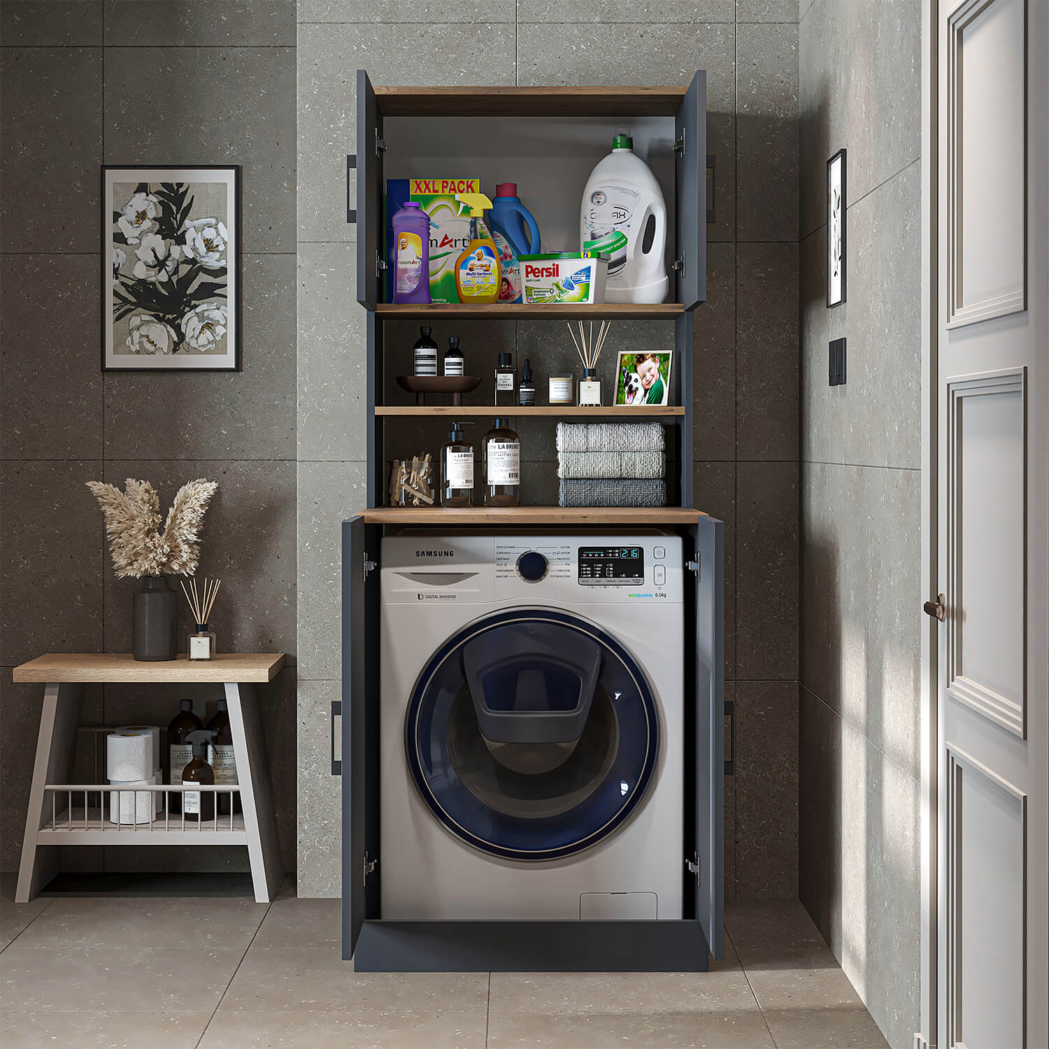 Roomart, Badezimmer Waschmaschinenschrank ATRIA, Waschmaschinenüberbau, BHT: 70 x 180 x 69 cm, in Weiß-Eiche, Anthrazit Eiche waschmaschinenschrank, waschmaschinenregal, waschturm, schrank, weiß, waschmaschinen, unterschrank, waschmaschine, trockner, haus