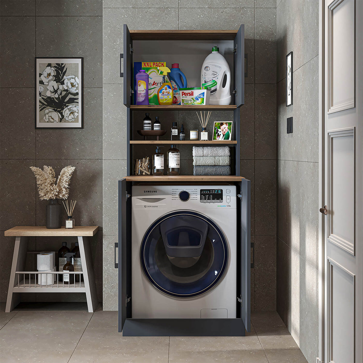 Roomart, meuble de salle de bain pour lave-linge ATRIA, superstructure pour lave-linge, L x H x P : 70 x 180 x 69 cm, en chêne blanc, meuble pour lave-linge en chêne anthracite, étagère pour lave-linge, tour de lavage, meuble, blanc, machines à laver, meuble bas, lave-linge, sèche-linge, maison