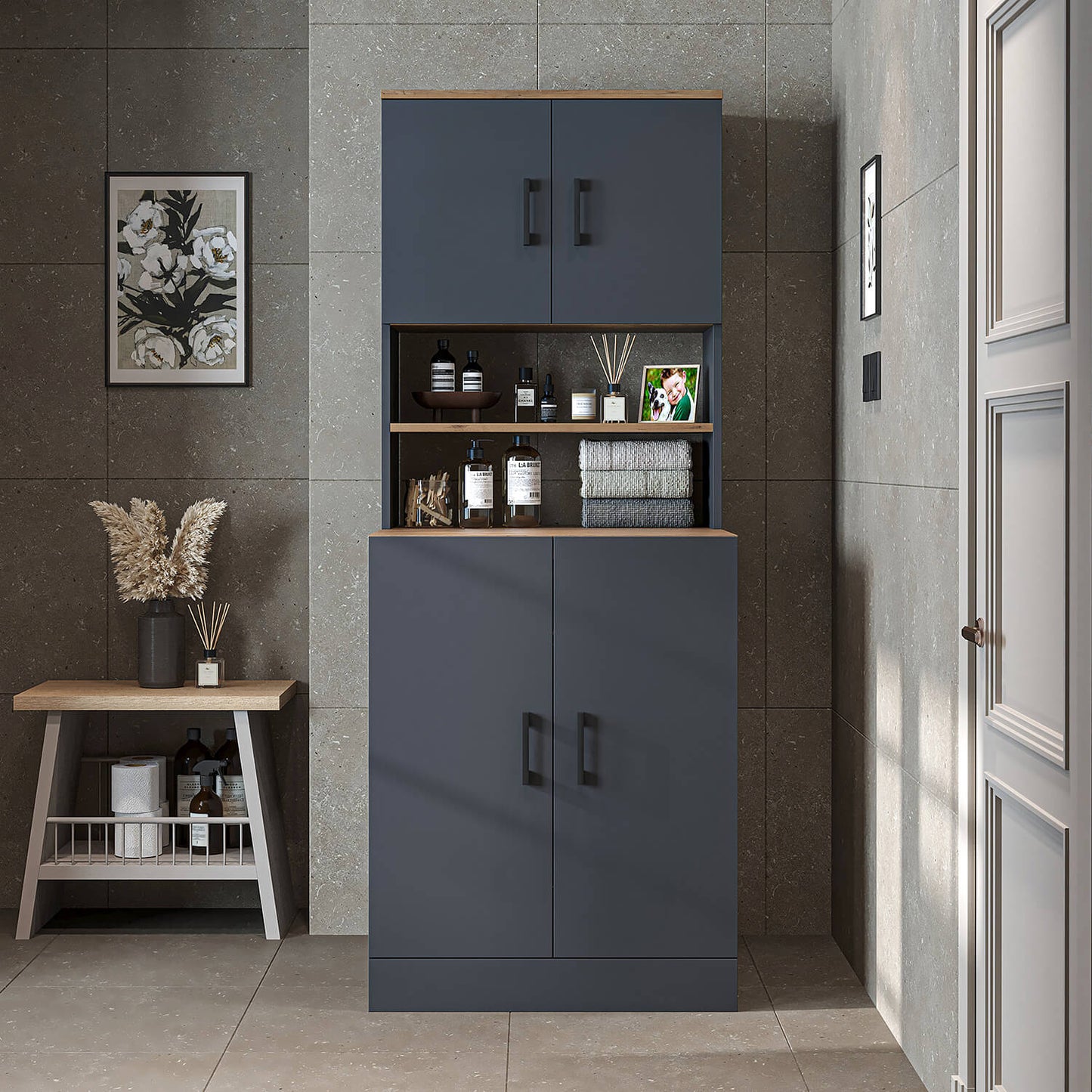 Roomart, mobile per lavatrice da bagno ATRIA, sovrastruttura per lavatrice, WDH: 70 x 180 x 69 cm, in rovere bianco, mobile per lavatrice in rovere antracite, scaffale per lavatrice, torre di lavaggio, mobile, bianco, lavatrici, mobile base, lavatrice, asciugatrice, casa