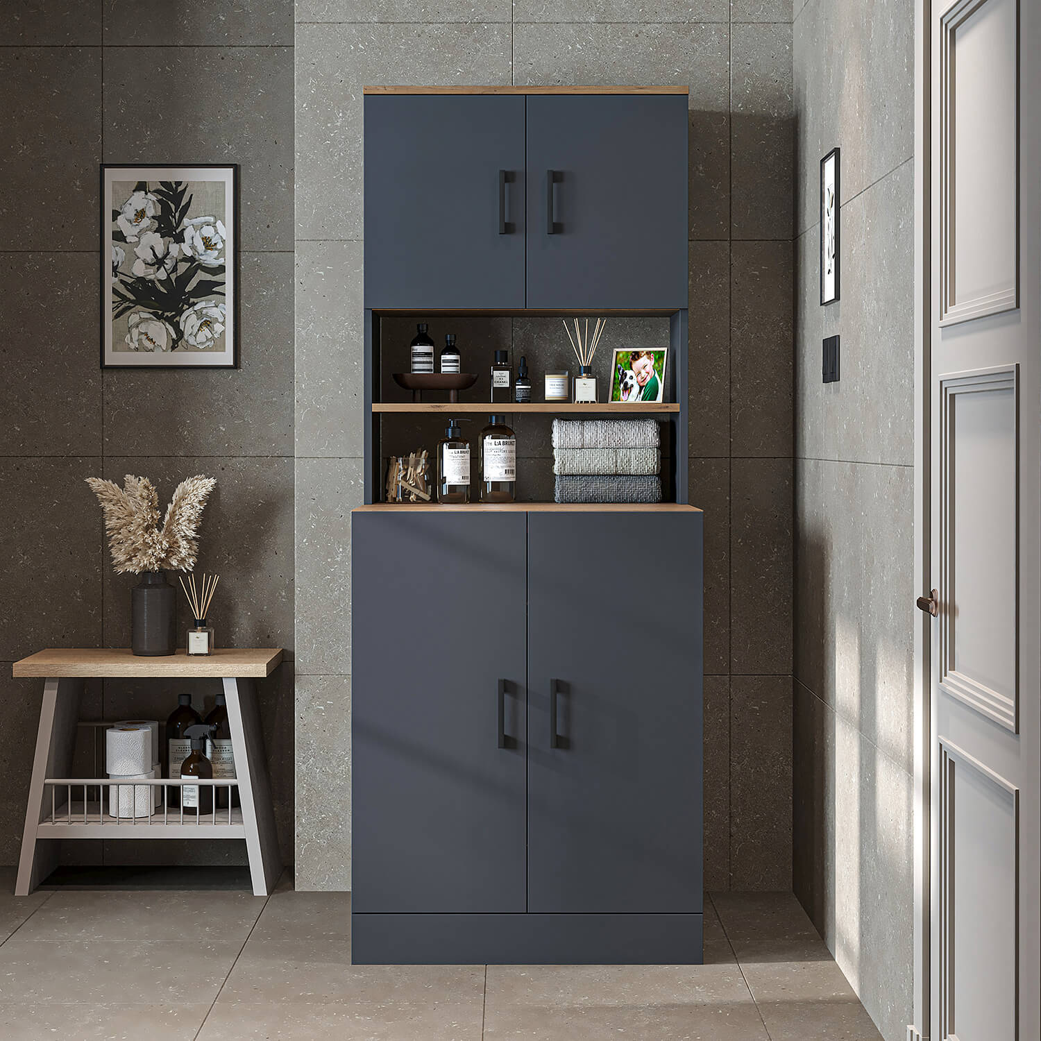 Roomart, Badezimmer Waschmaschinenschrank ATRIA, Waschmaschinenüberbau, BHT: 70 x 180 x 69 cm, in Weiß-Eiche, Anthrazit Eiche waschmaschinenschrank, waschmaschinenregal, waschturm, schrank, weiß, waschmaschinen, unterschrank, waschmaschine, trockner, haus