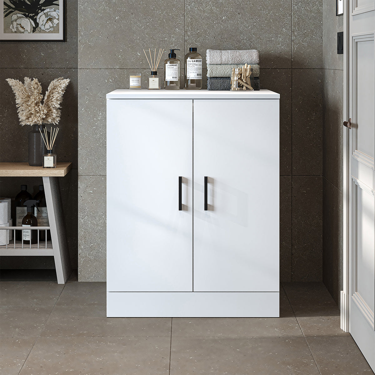 Roomart, Salle de bain Armoire pour machine à laver ATRIA, Armoire pour machine à laver, LH : 70x 90 x 69 cm, en chêne blanc, chêne, chêne anthracite, blanc Armoire pour machine à laver, étagère pour machine à laver, tour de lavage, armoire, blanc, machines à laver, armoire inférieure, machine à laver