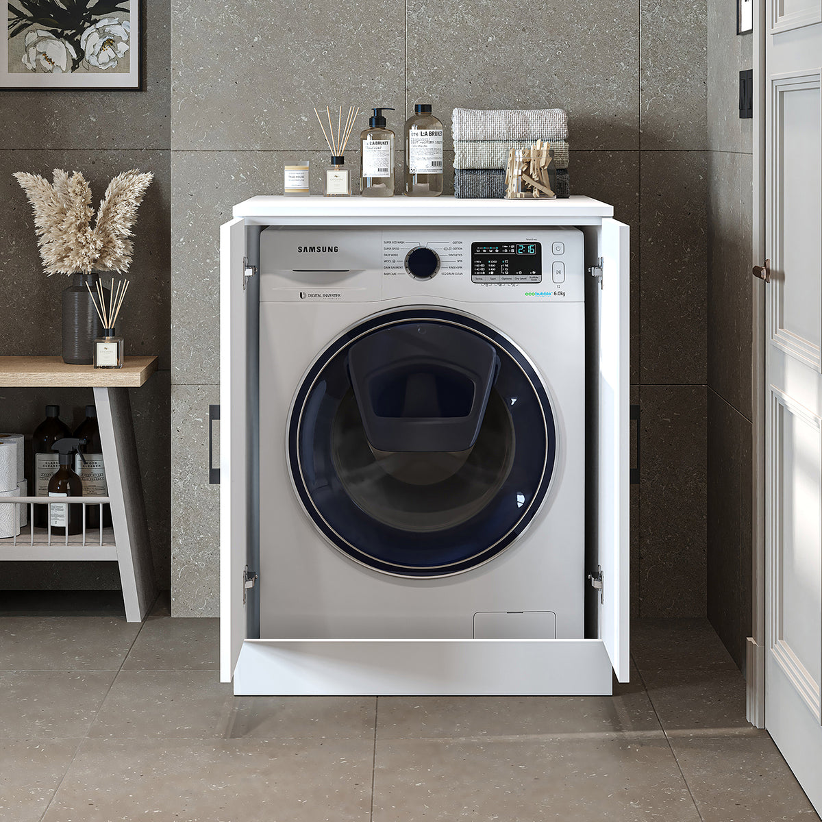 Roomart, Salle de bain Armoire pour machine à laver ATRIA, Armoire pour machine à laver, LH : 70x 90 x 69 cm, en chêne blanc, chêne, chêne anthracite, blanc Armoire pour machine à laver, étagère pour machine à laver, tour de lavage, armoire, blanc, machines à laver, armoire inférieure, machine à laver
