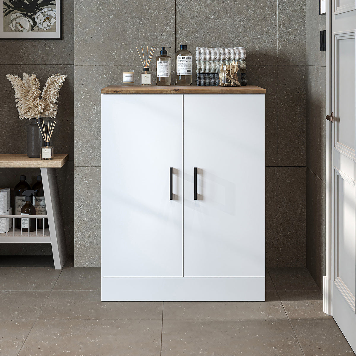 Roomart, Salle de bain Armoire pour machine à laver ATRIA, Armoire pour machine à laver, LH : 70x 90 x 69 cm, en chêne blanc, chêne, chêne anthracite, blanc Armoire pour machine à laver, étagère pour machine à laver, tour de lavage, armoire, blanc, machines à laver, armoire inférieure, machine à laver