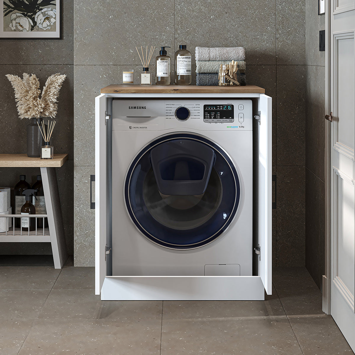Roomart, Salle de bain Armoire pour machine à laver ATRIA, Armoire pour machine à laver, LH : 70x 90 x 69 cm, en chêne blanc, chêne, chêne anthracite, blanc Armoire pour machine à laver, étagère pour machine à laver, tour de lavage, armoire, blanc, machines à laver, armoire inférieure, machine à laver
