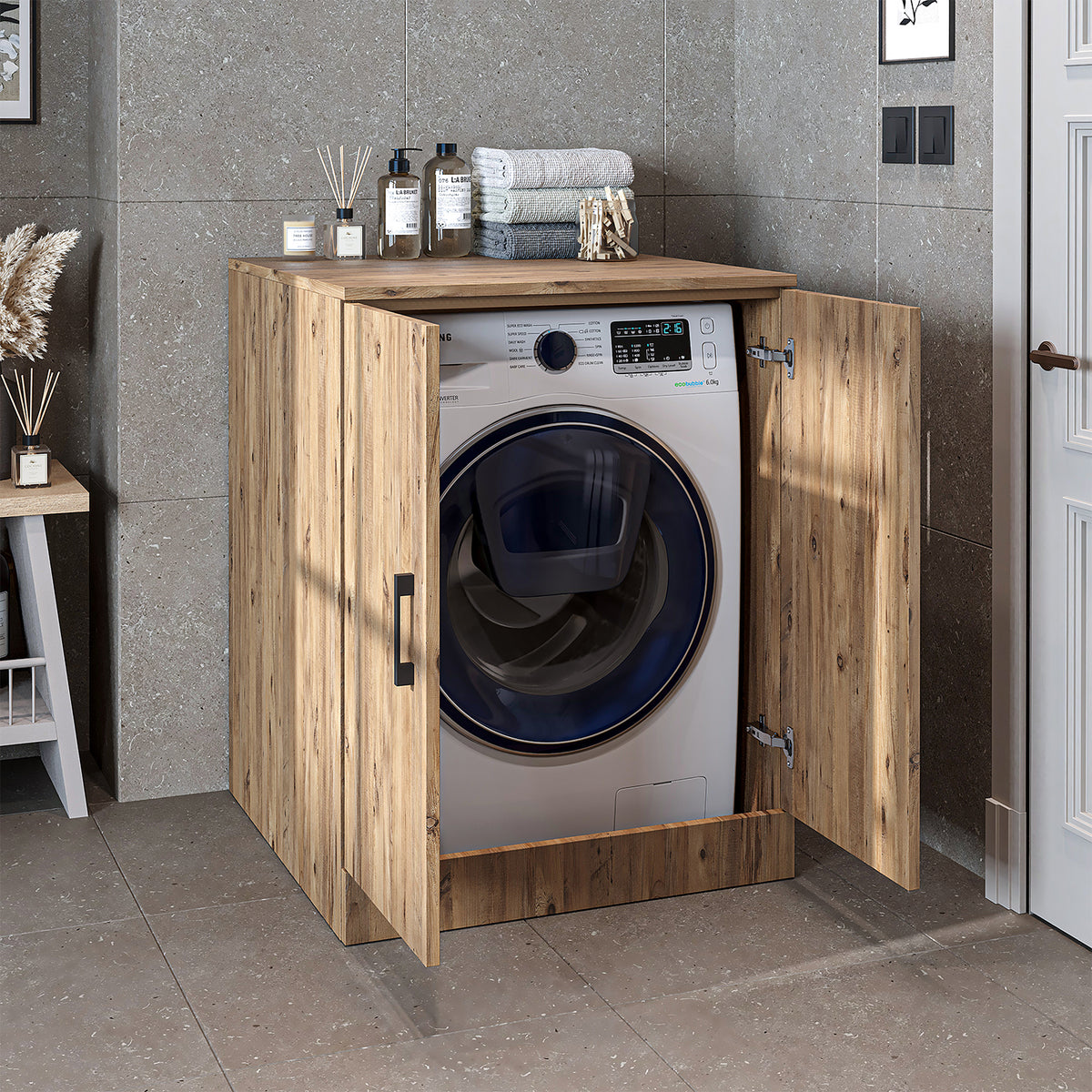 Roomart, Salle de bain Armoire pour machine à laver ATRIA, Armoire pour machine à laver, LH : 70x 90 x 69 cm, en chêne blanc, chêne, chêne anthracite, blanc Armoire pour machine à laver, étagère pour machine à laver, tour de lavage, armoire, blanc, machines à laver, armoire inférieure, machine à laver