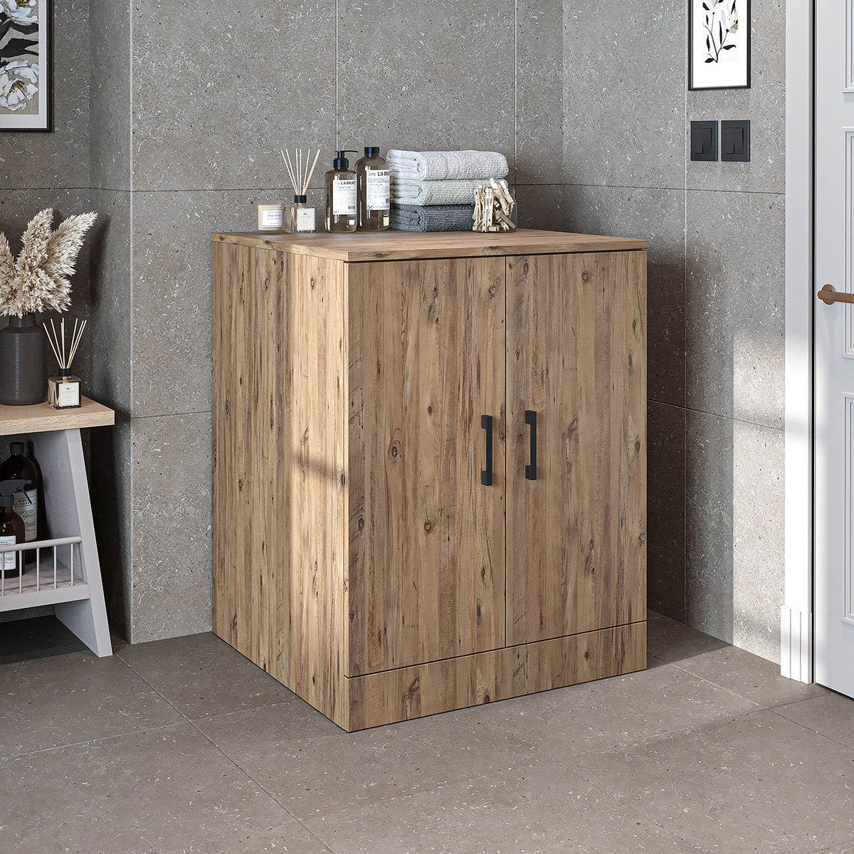 Roomart, Salle de bain Armoire pour machine à laver ATRIA, Armoire pour machine à laver, LH : 70x 90 x 69 cm, en chêne blanc, chêne, chêne anthracite, blanc Armoire pour machine à laver, étagère pour machine à laver, tour de lavage, armoire, blanc, machines à laver, armoire inférieure, machine à laver