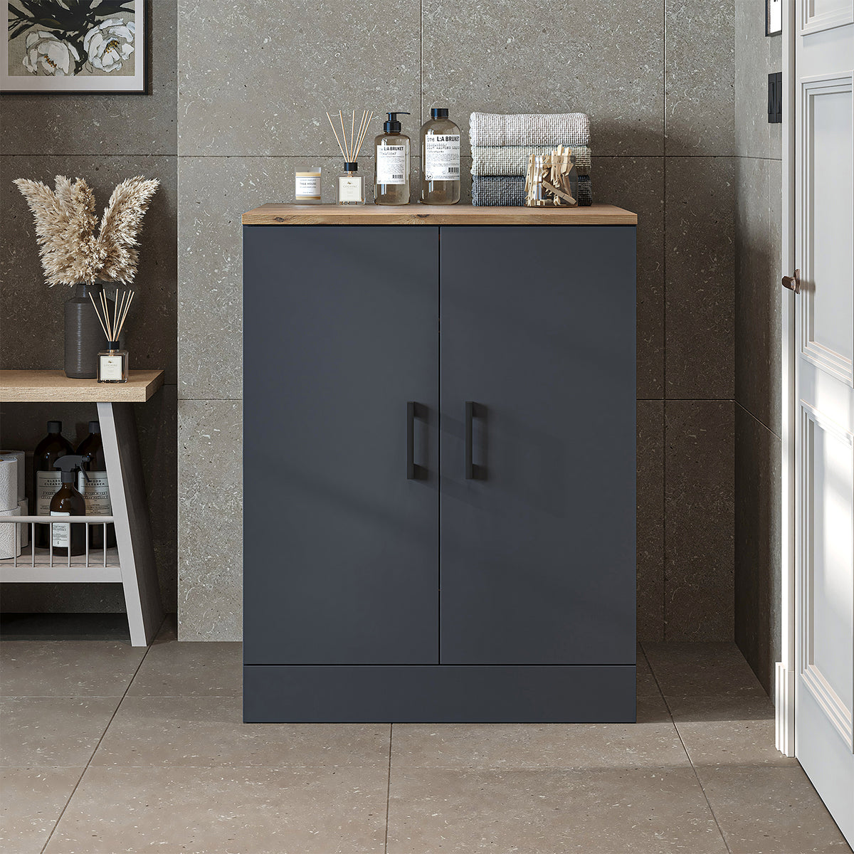 Roomart, Salle de bain Armoire pour machine à laver ATRIA, Armoire pour machine à laver, LH : 70x 90 x 69 cm, en chêne blanc, chêne, chêne anthracite, blanc Armoire pour machine à laver, étagère pour machine à laver, tour de lavage, armoire, blanc, machines à laver, armoire inférieure, machine à laver