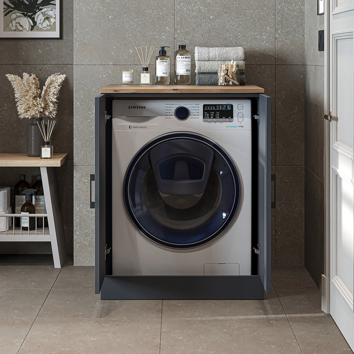 Roomart, Salle de bain Armoire pour machine à laver ATRIA, Armoire pour machine à laver, LH : 70x 90 x 69 cm, en chêne blanc, chêne, chêne anthracite, blanc Armoire pour machine à laver, étagère pour machine à laver, tour de lavage, armoire, blanc, machines à laver, armoire inférieure, machine à laver