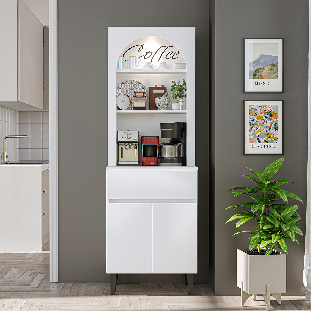 Roomart Küchenschrank VENEDIK 60 cm, Kaffeebar mit LED und Bogendesign, in 4 Farben