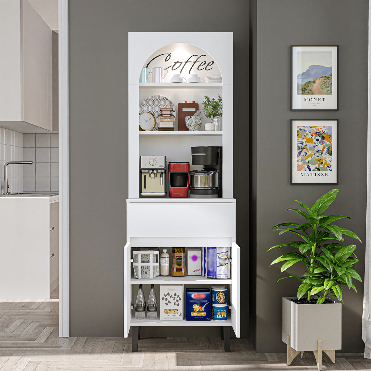 Roomart Küchenschrank VENEDIK 60 cm, Kaffeebar mit LED und Bogendesign, in 4 Farben