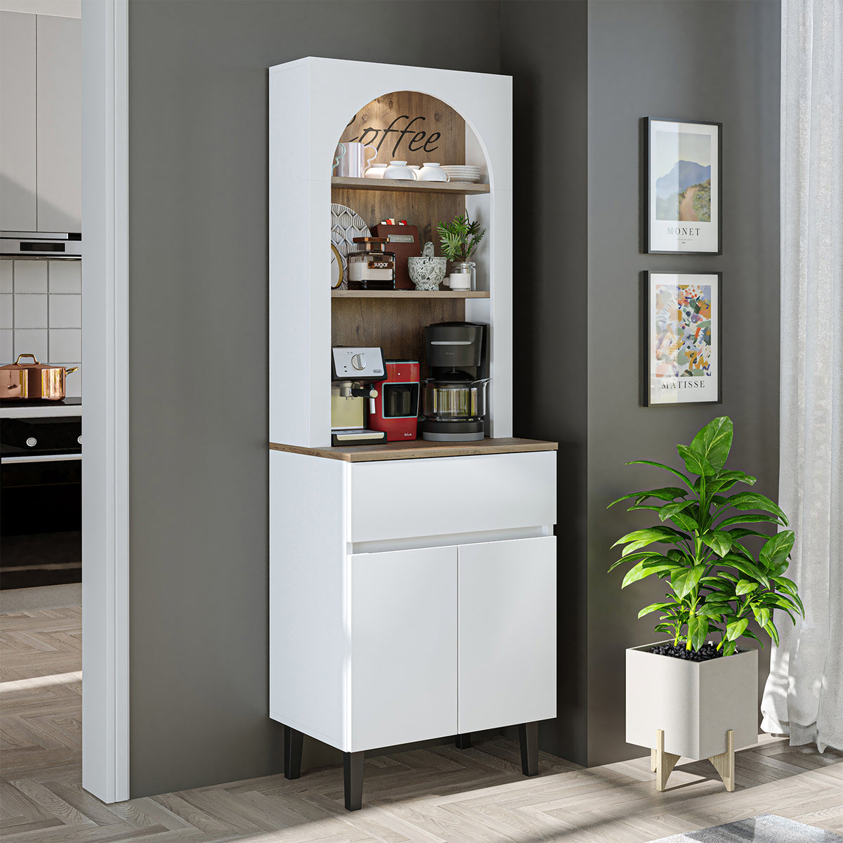 Roomart Küchenschrank VENEDIK 60 cm, Kaffeebar mit LED und Bogendesign, in 4 Farben
