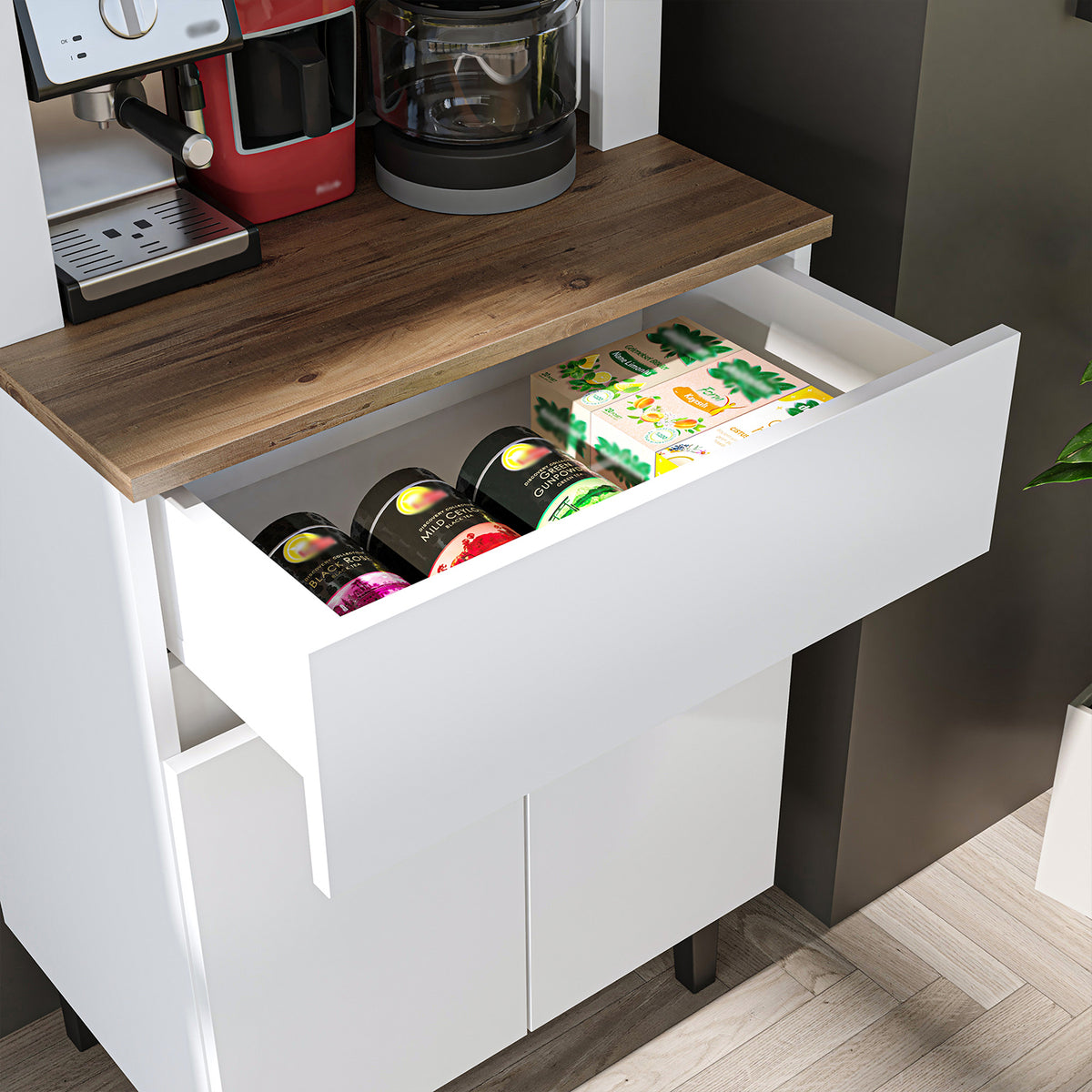 Roomart Küchenschrank VENEDIK 60 cm, Kaffeebar mit LED und Bogendesign, in 4 Farben