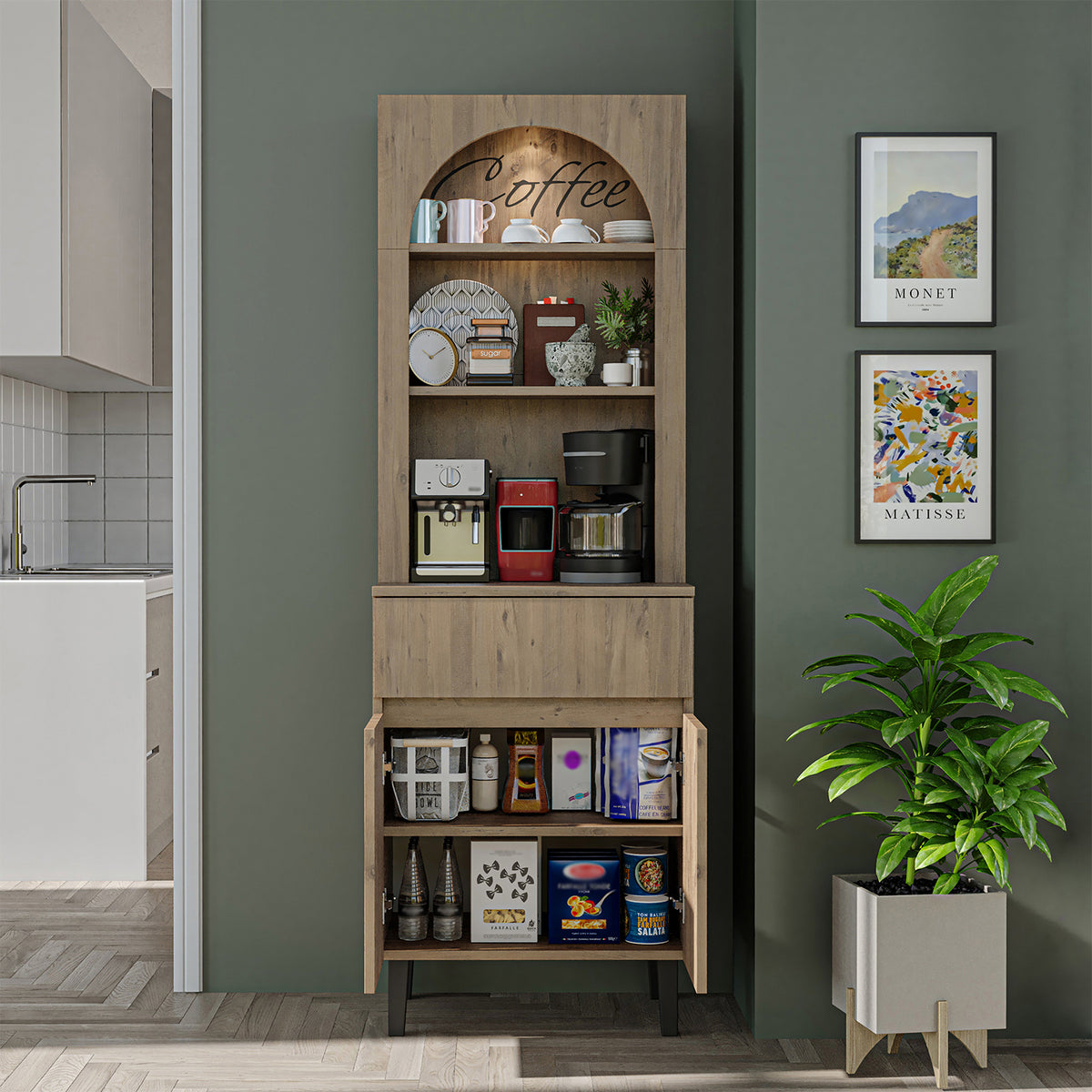 Roomart Küchenschrank VENEDIK 60 cm, Kaffeebar mit LED und Bogendesign, in 4 Farben