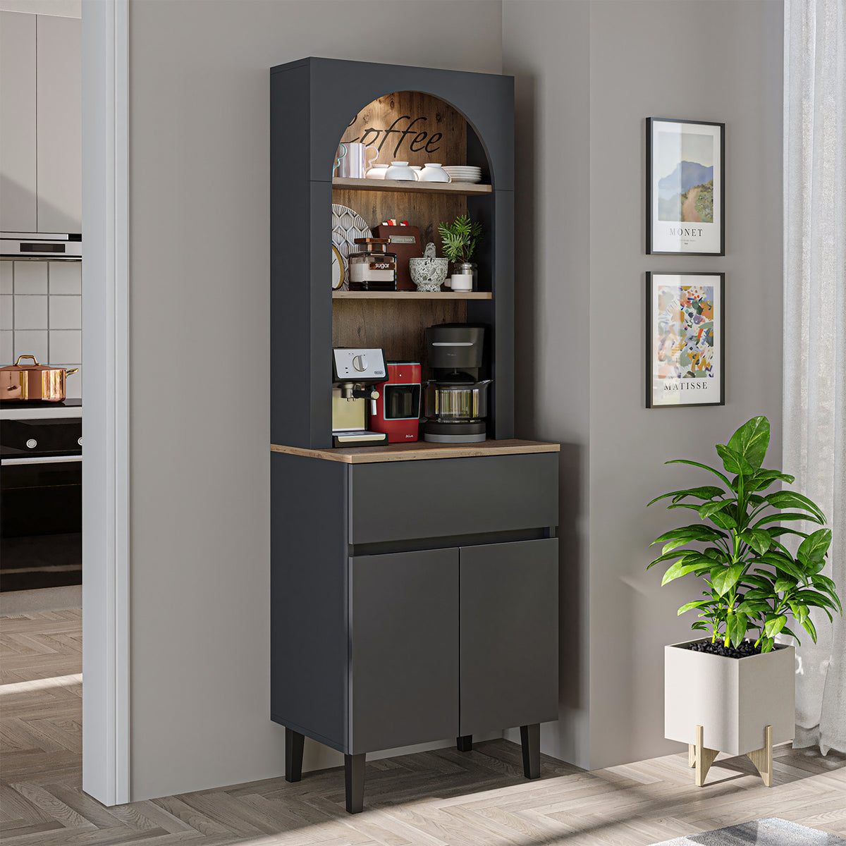 Roomart Küchenschrank VENEDIK 60 cm, Kaffeebar mit LED und Bogendesign, in 4 Farben