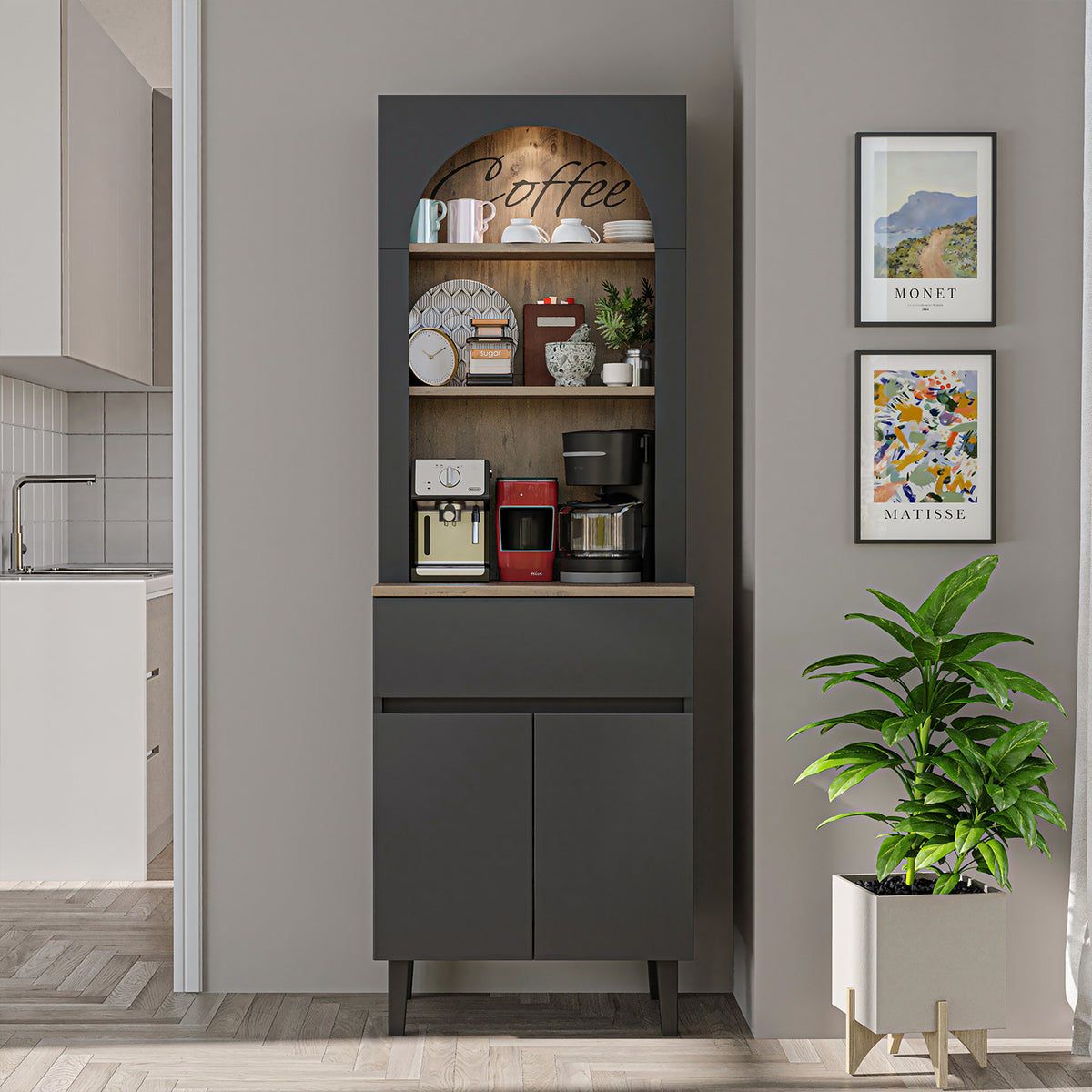 Roomart Küchenschrank VENEDIK 60 cm, Kaffeebar mit LED und Bogendesign, in 4 Farben