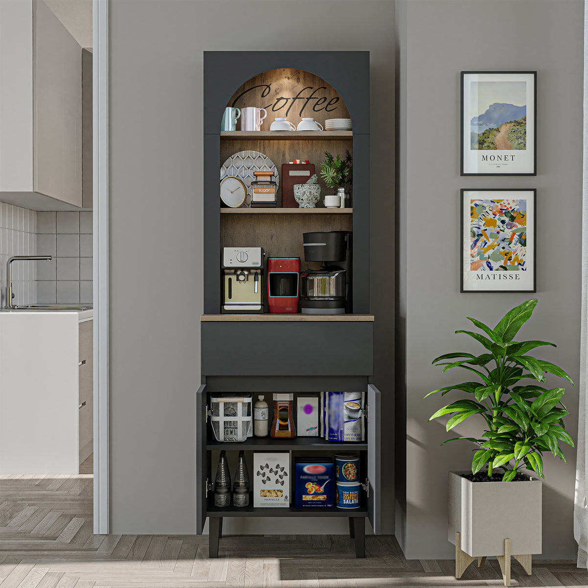 Roomart Küchenschrank VENEDIK 60 cm, Kaffeebar mit LED und Bogendesign, in 4 Farben