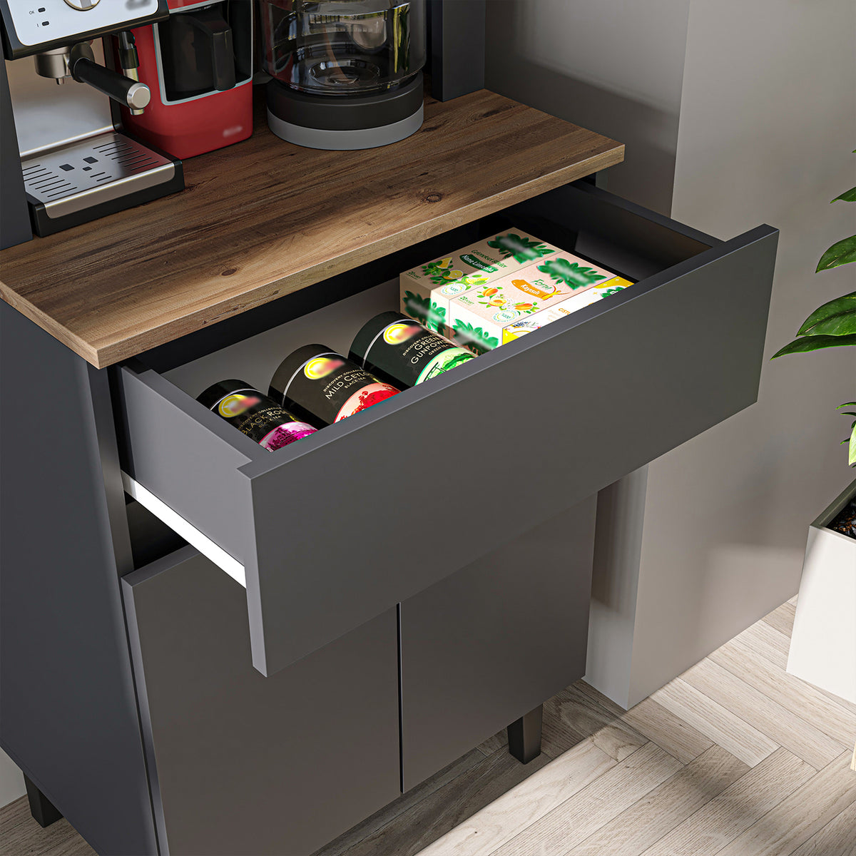 Roomart Küchenschrank VENEDIK 60 cm, Kaffeebar mit LED und Bogendesign, in 4 Farben