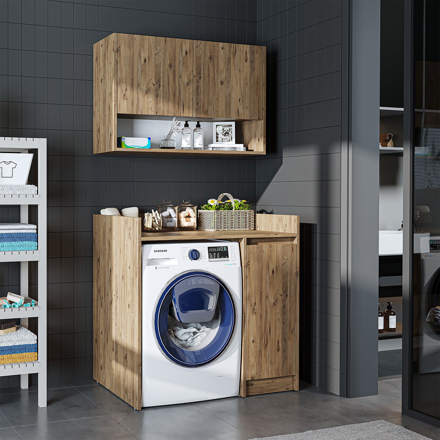 Roomart Waschmaschinenschrank DERIN-II – Waschmaschinen-Überbauschrank – 100×180×65 cm – Waschküchen- & Hauswirtschaftsschrank – Weiß, Weiß-Eiche, Eiche & Anthrazit-Eiche