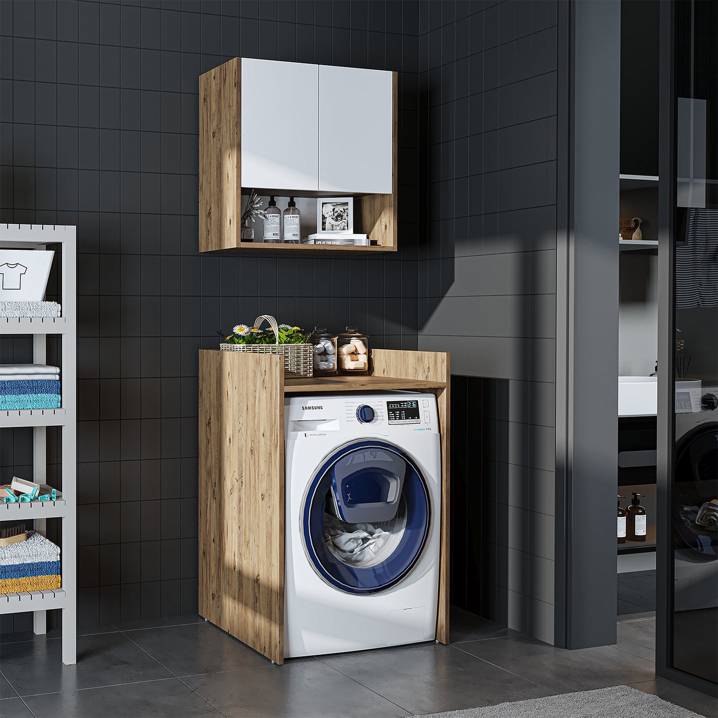 Roomart Waschmaschinenschrank DERIN-I – Waschmaschinen-Überbauschrank – 65×180×65 cm – Waschküchen- & Hauswirtschaftsschrank – Weiß, Weiß-Eiche, Eiche & Anthrazit-Eiche