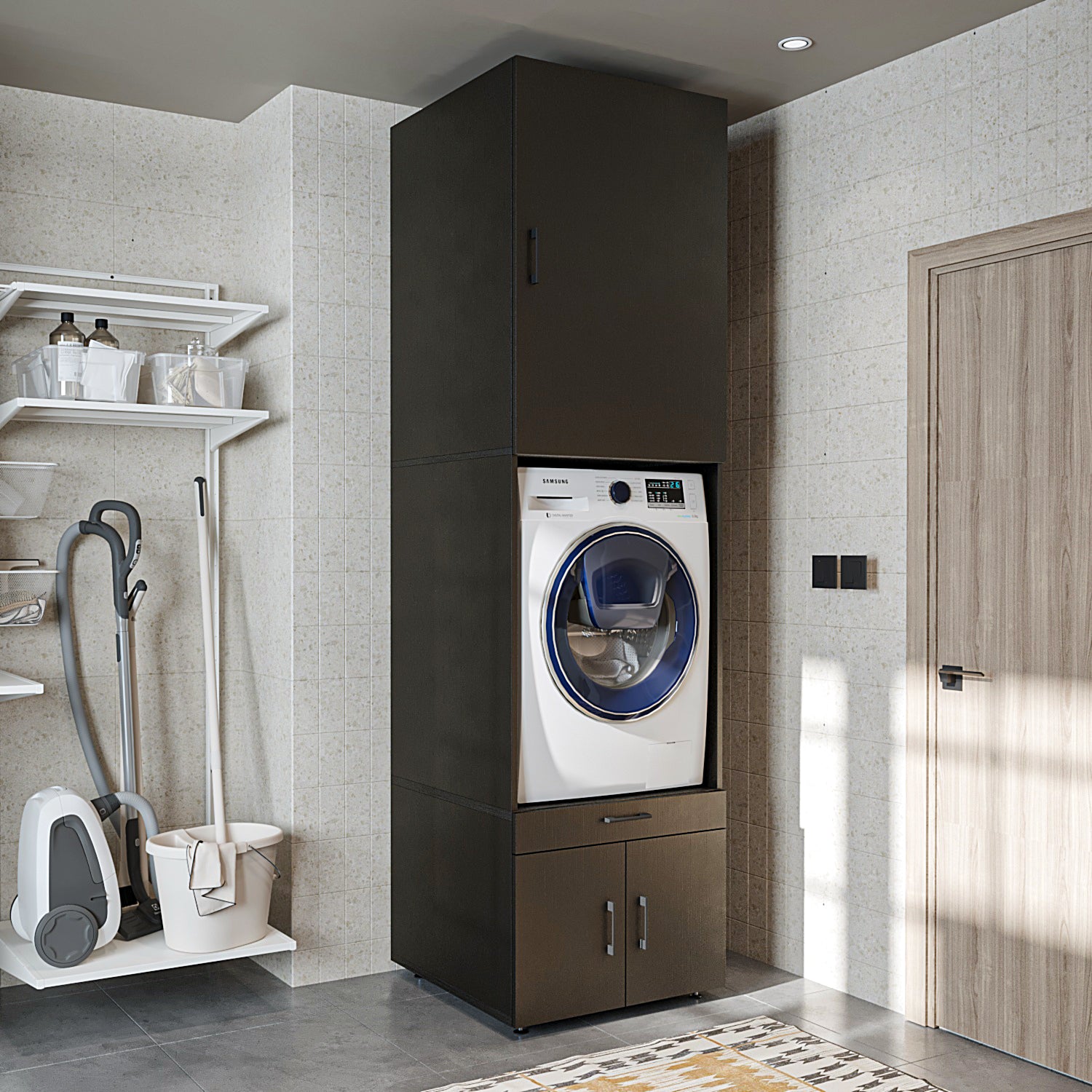 Roomart Waschmaschinenschrank mit Schrankaufsatz 95cm, HBT: 240x67x66,8 cm, Ausziehbrett, Eiche, Weiß, Schwarz eiche - waschmaschinenschrank, waschmaschinenregal, waschturm, schrank, weiß, waschmaschinen, unterschrank, waschmaschine, trockner, haushaltssc