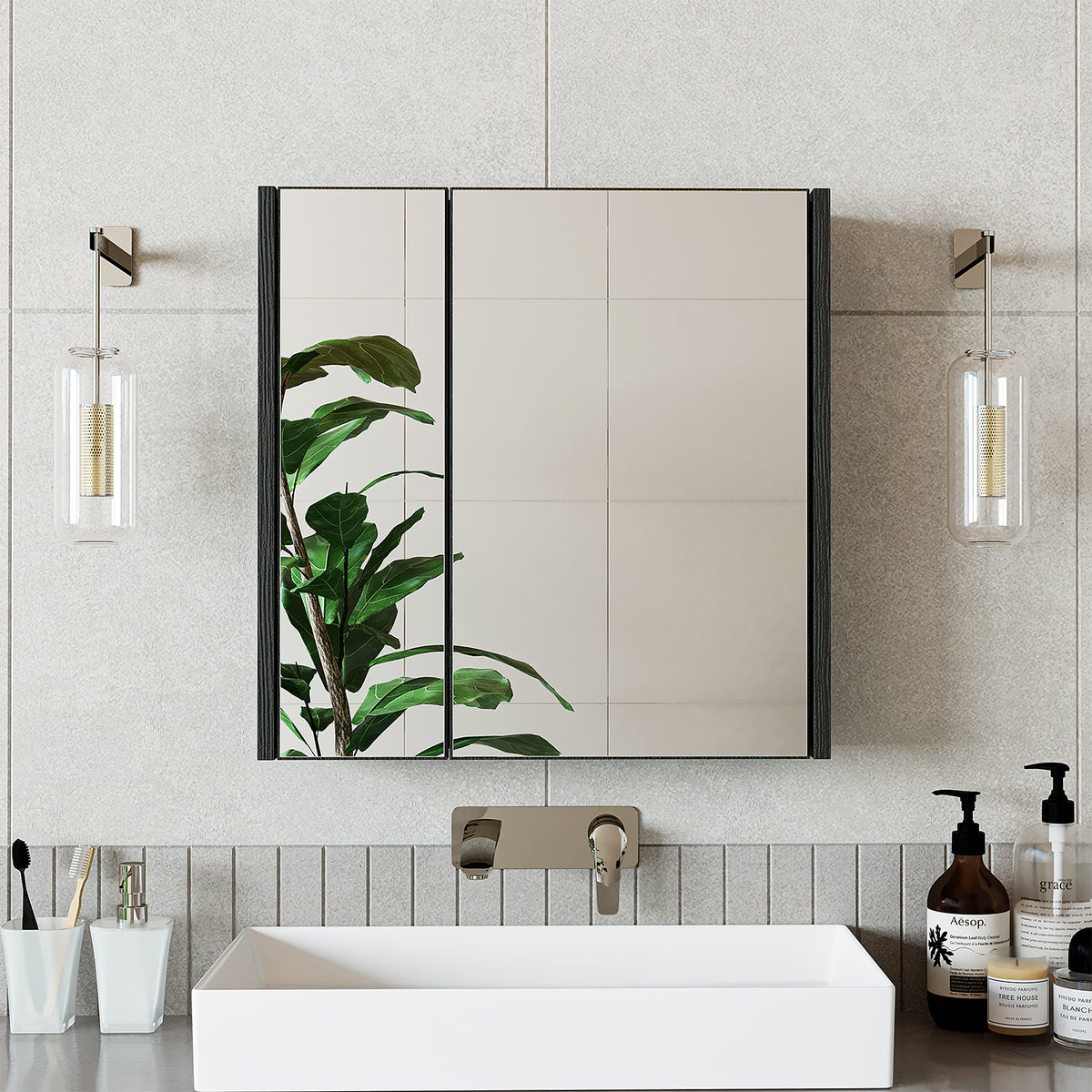Roomart, Armoire de salle de bain miroir, 80 cm, 60 cm, Meuble de salle de bain, Couleurs blanc & chêne - armoire de salle de bain, lavabo, meuble de salle de bain, armoire de salle de bain, avec, meuble bas, meuble de salle de bain, ensemble, lavabo, meubles, meuble de salle de bain, salle de bain