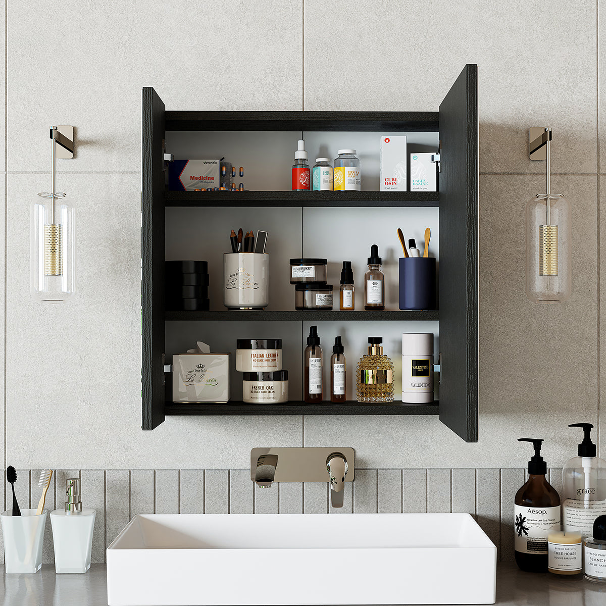 Roomart, Armoire de salle de bain miroir, 80 cm, 60 cm, Meuble de salle de bain, Couleurs blanc & chêne - armoire de salle de bain, lavabo, meuble de salle de bain, armoire de salle de bain, avec, meuble bas, meuble de salle de bain, ensemble, lavabo, meubles, meuble de salle de bain, salle de bain