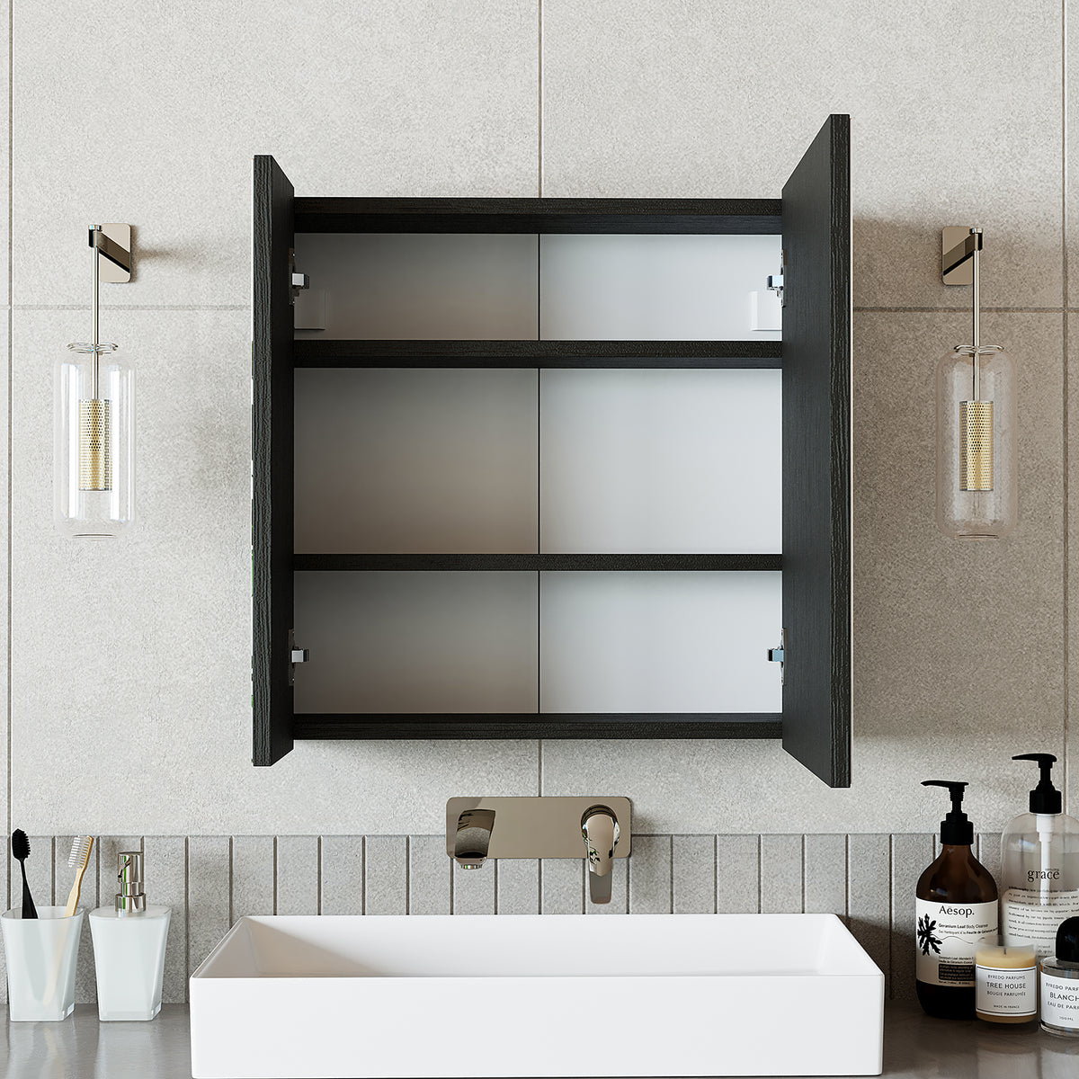 Roomart, Armoire de salle de bain miroir, 80 cm, 60 cm, Meuble de salle de bain, Couleurs blanc & chêne - armoire de salle de bain, lavabo, meuble de salle de bain, armoire de salle de bain, avec, meuble bas, meuble de salle de bain, ensemble, lavabo, meubles, meuble de salle de bain, salle de bain