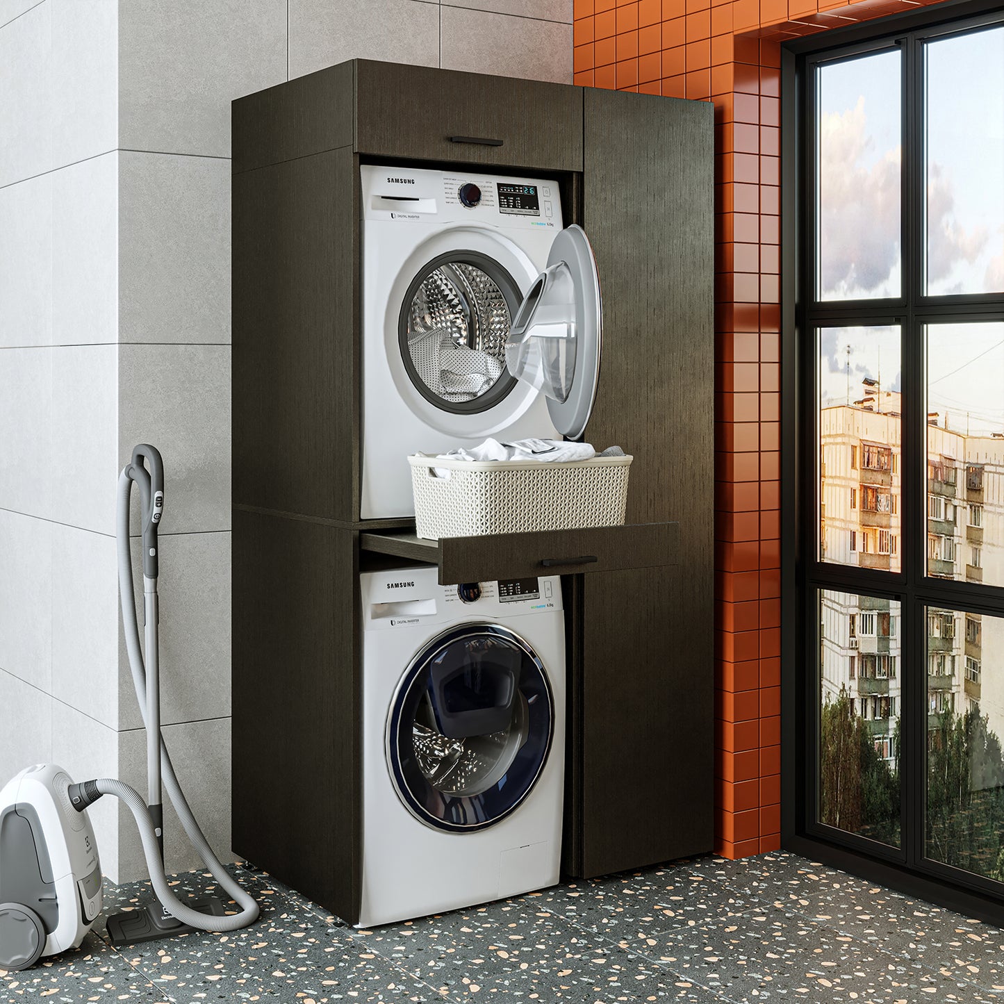Roomart Waschmaschinenschrank, Trockner auf Waschmaschine • 112 cm breit • In 3 Farben - waschmaschinenschrank, waschmaschinenregal, waschturm, schrank, weiß, waschmaschinen, unterschrank, waschmaschine, trockner, haushaltsschrank, schränke, badschrank, h
