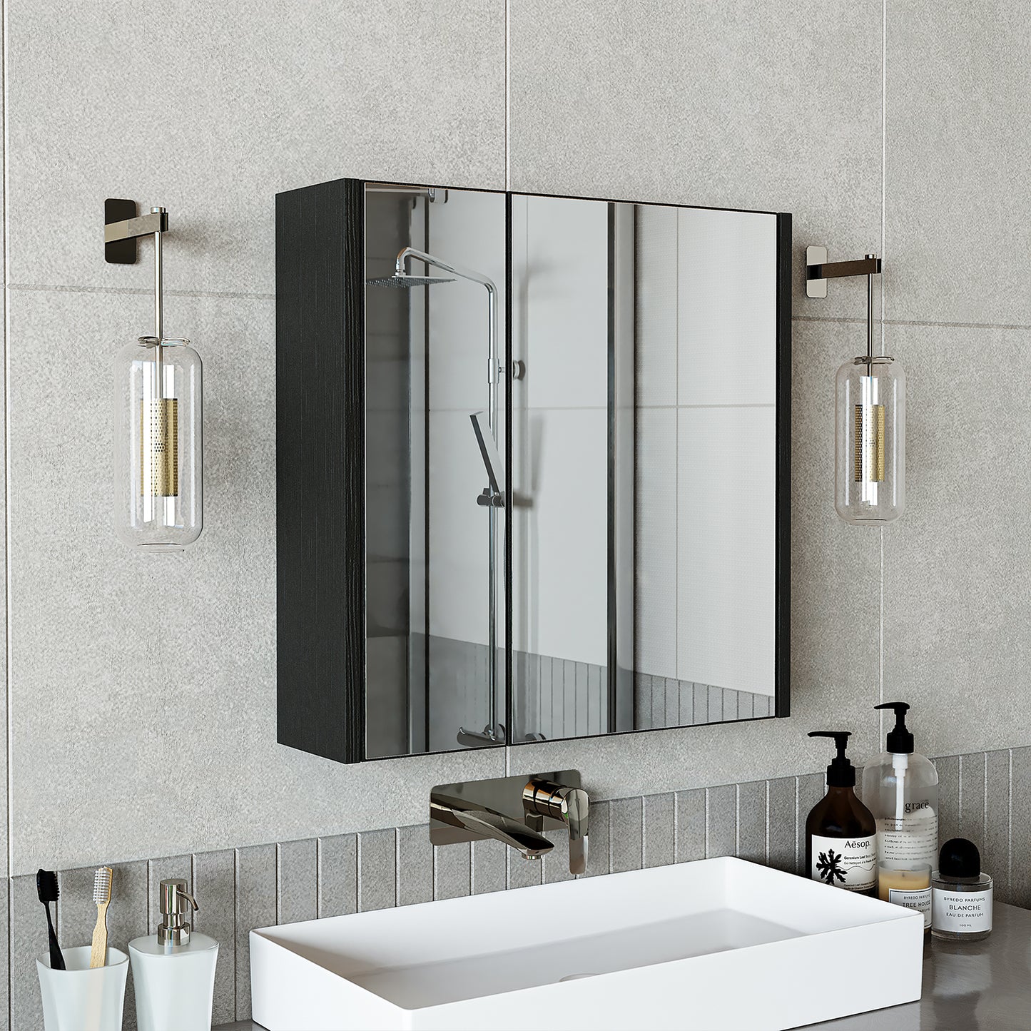 Roomart juego de muebles de baño ATLANTIC 4 piezas, en 5 colores, mueble de baño de 65 cm con lavabo de cerámica - armario con espejo - armario alto - armario con espejo de 80 cm de ancho, armarios con espejo para baño, armario con espejo para baño con iluminación, armario alibert, armario de baño con