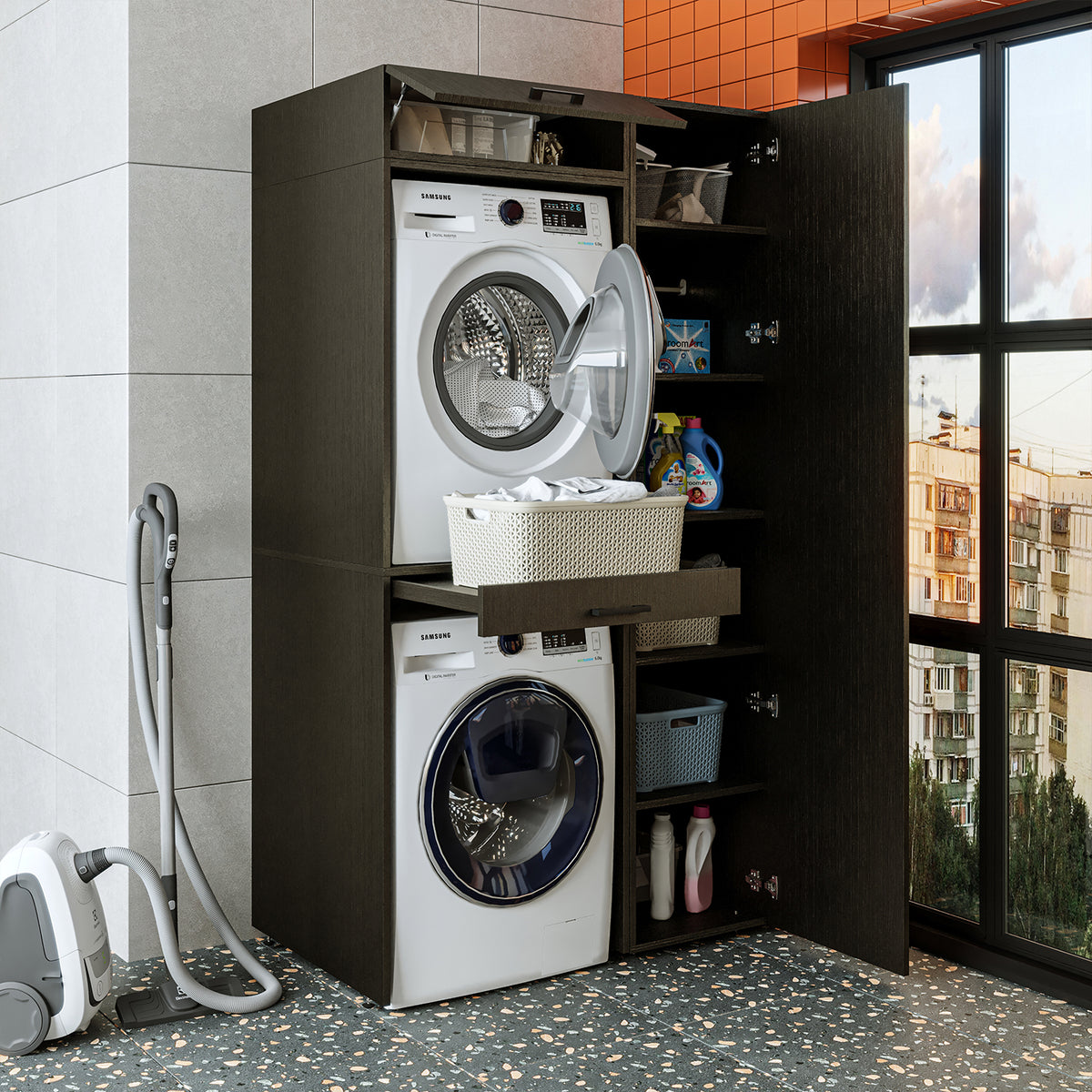 Roomart Waschmaschinenschrank, Trockner auf Waschmaschine • 112 cm breit • In 3 Farben - waschmaschinenschrank, waschmaschinenregal, waschturm, schrank, weiß, waschmaschinen, unterschrank, waschmaschine, trockner, haushaltsschrank, schränke, badschrank, h
