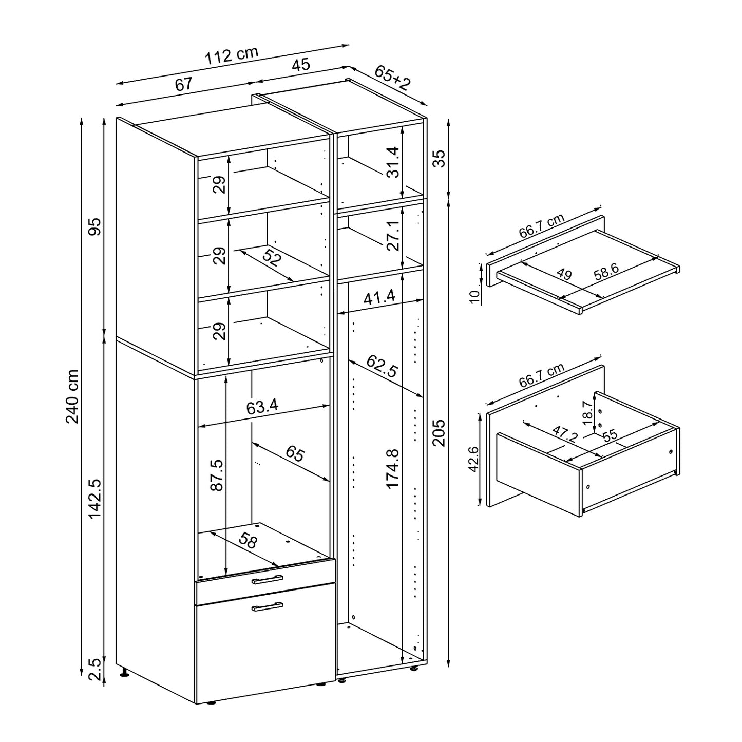 Roomart Waschmaschinenschrank mit Ausziehbrett, 112 cm breit - SERIE 2 – Waschmaschinenüberbau für Waschmaschine & Trockner, Waschturm-Schrank mit Stauraum für Bad & Waschküche
